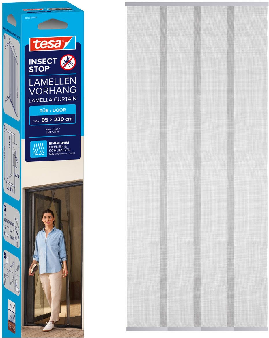 tesa Insektenschutz-Tür Lamellen Vorhang - Fliegenvorhang für Balkon und Terassentüren, (Packung, 1-St., Fliegennetz, Klettband), INSECT STOP Vorhang inkl. Klettverschluss - 95 x 220 cm