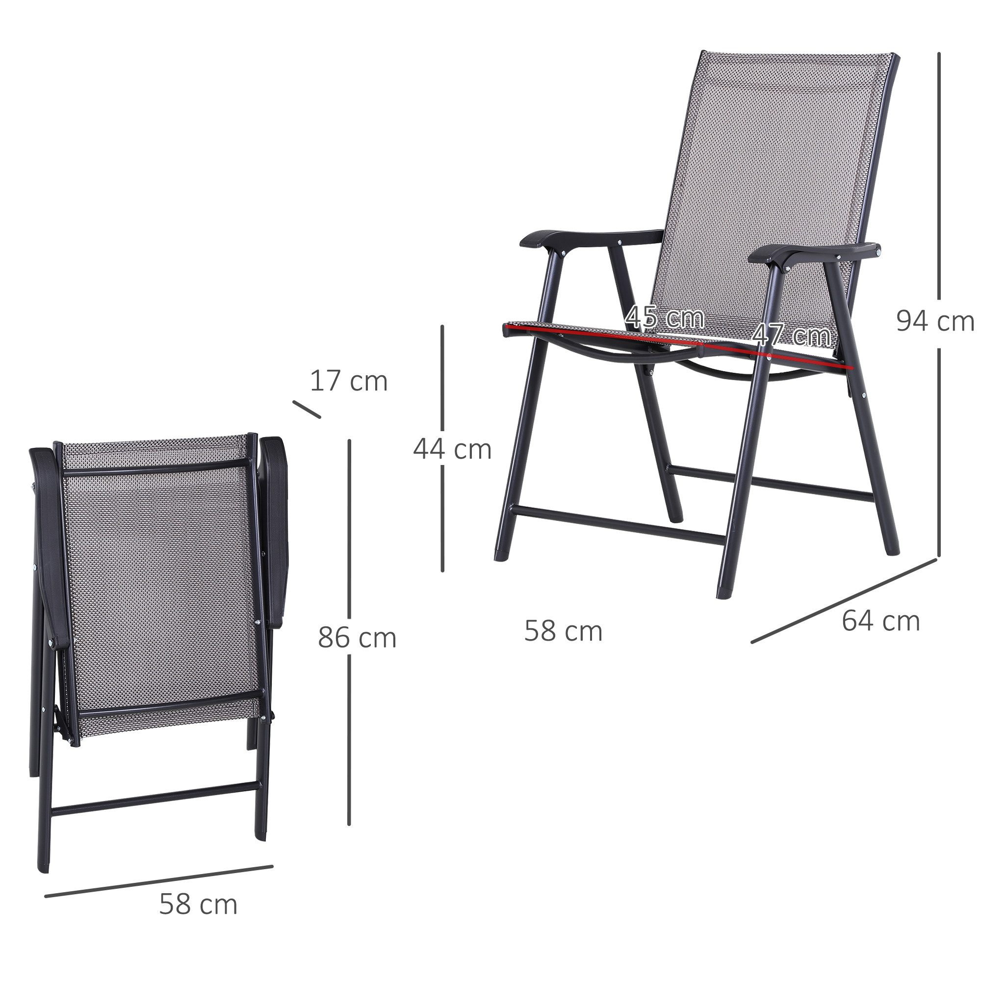 Outsunny Gartenstuhl Klappstuhl 2er Set Campingstuhl Metall grau (Klappstuhl mit Armlehne, 2 St), Metall, Grau, 58 x 64 x 94 cm