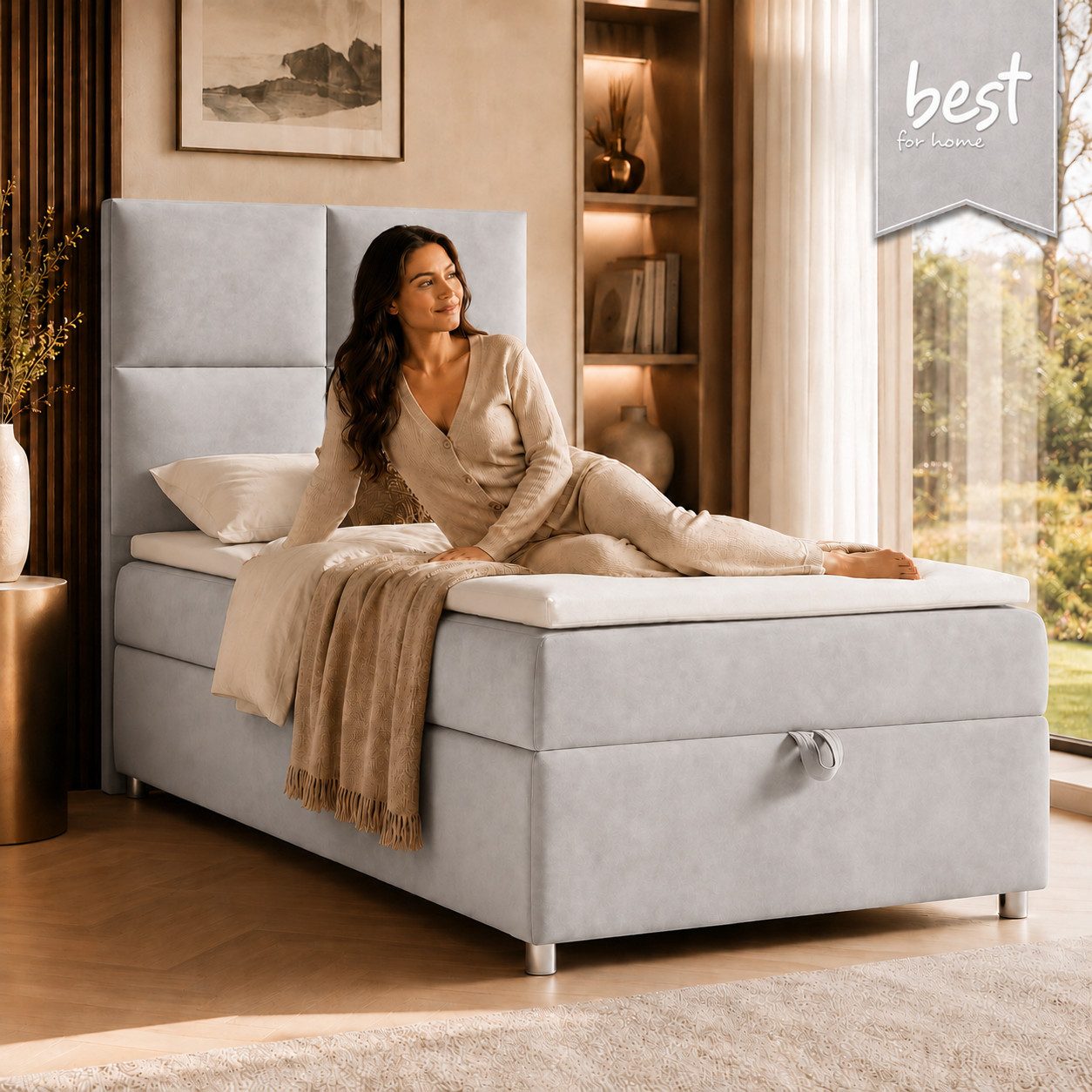 Best for Home Boxspringbett Trinity K-2 mit Bettkasten & Topper – Komfort & Stauraum (Einzelbett, Hotelbett, Polsterbett gepolstertes Kopfteil, Jugendbett, Kinderbett versch. Größen, 1-St., 70x200 80x200 90x200 100x200 cm), Einzel-Boxspringbett mit integriertem Stauraum, gepolstertem Kopfteil