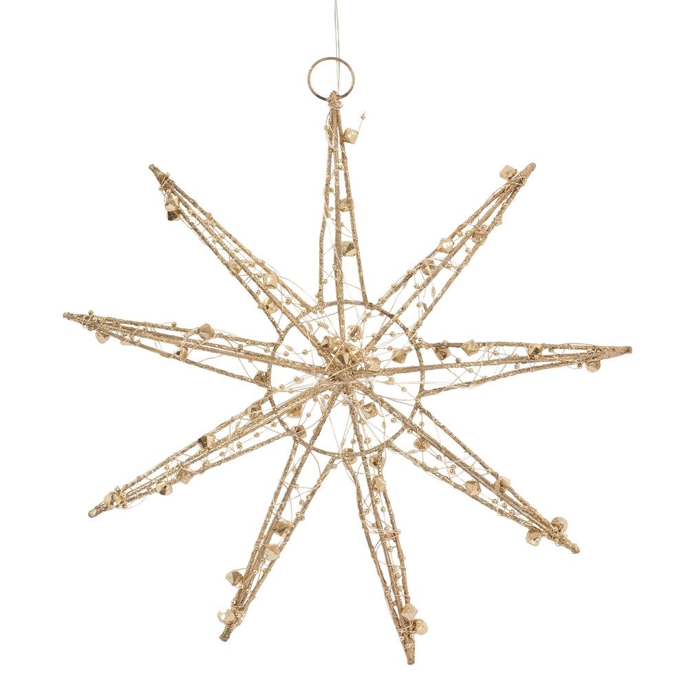 ECD Germany LED Stern Weihnachtsstern Weihnachten Schneeflocke Weihnachtsdeko Fensterdeko, LED 30cm warmweiß Gold batteriebetrieben Metall mit Timer