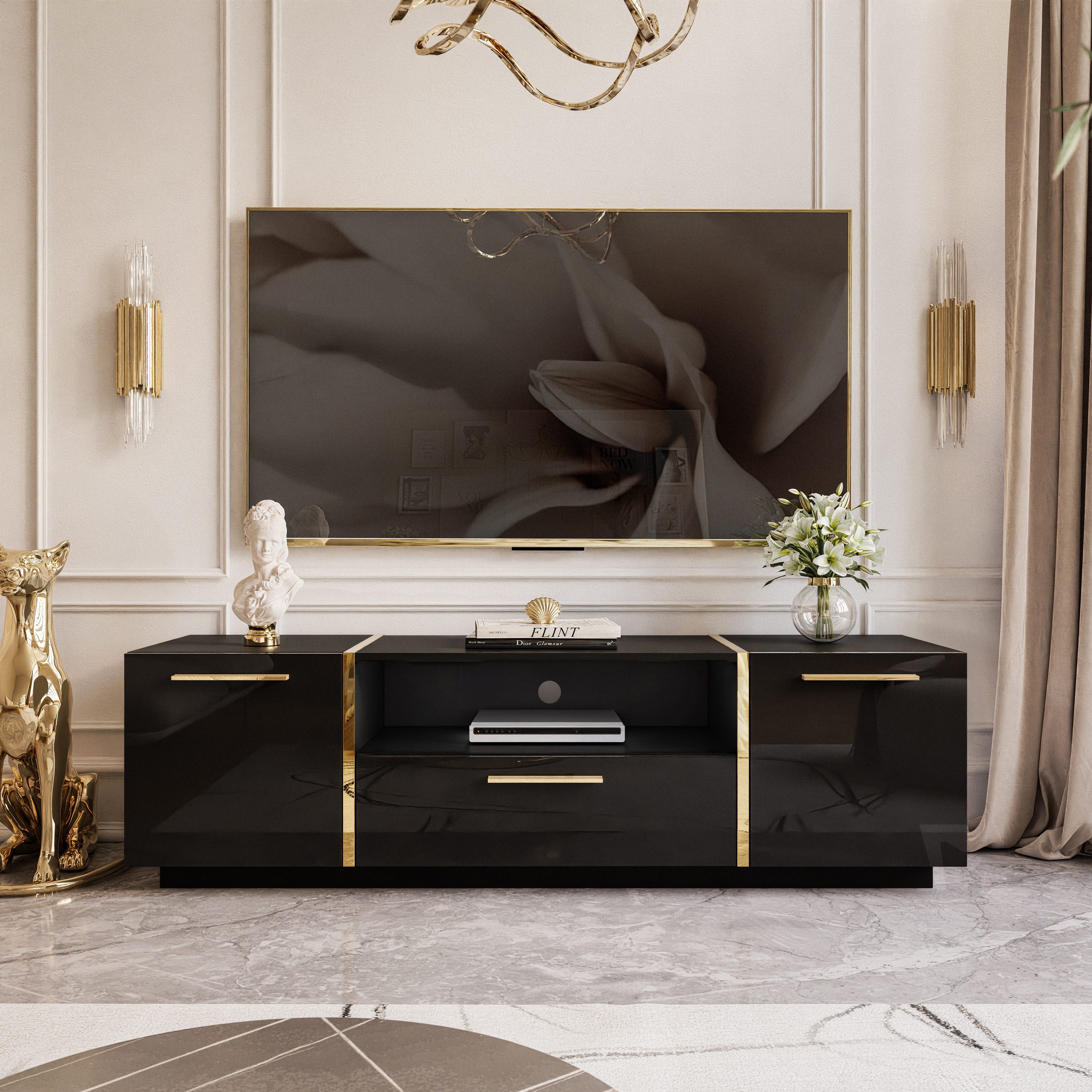 Lookway Lowboard TV ONYX Eleganter Hochglanz Fernsehtisch mit goldenen Griffen (1x TV-Schrank), Breite: 158 cm