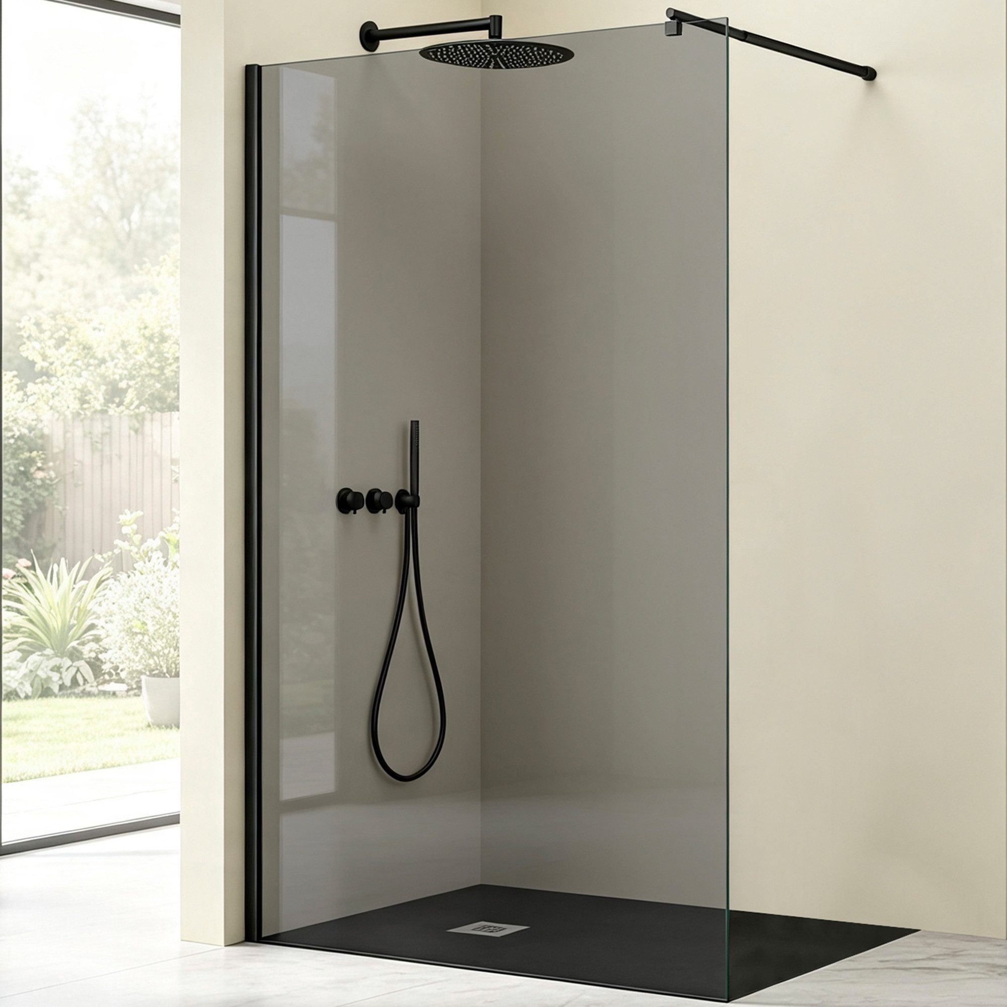 Mai & Mai Duschwand Walk-In Dusche Duschabtrennung Schwarz Profil Glas Nano Glas, Einscheibensicherheitsglas
