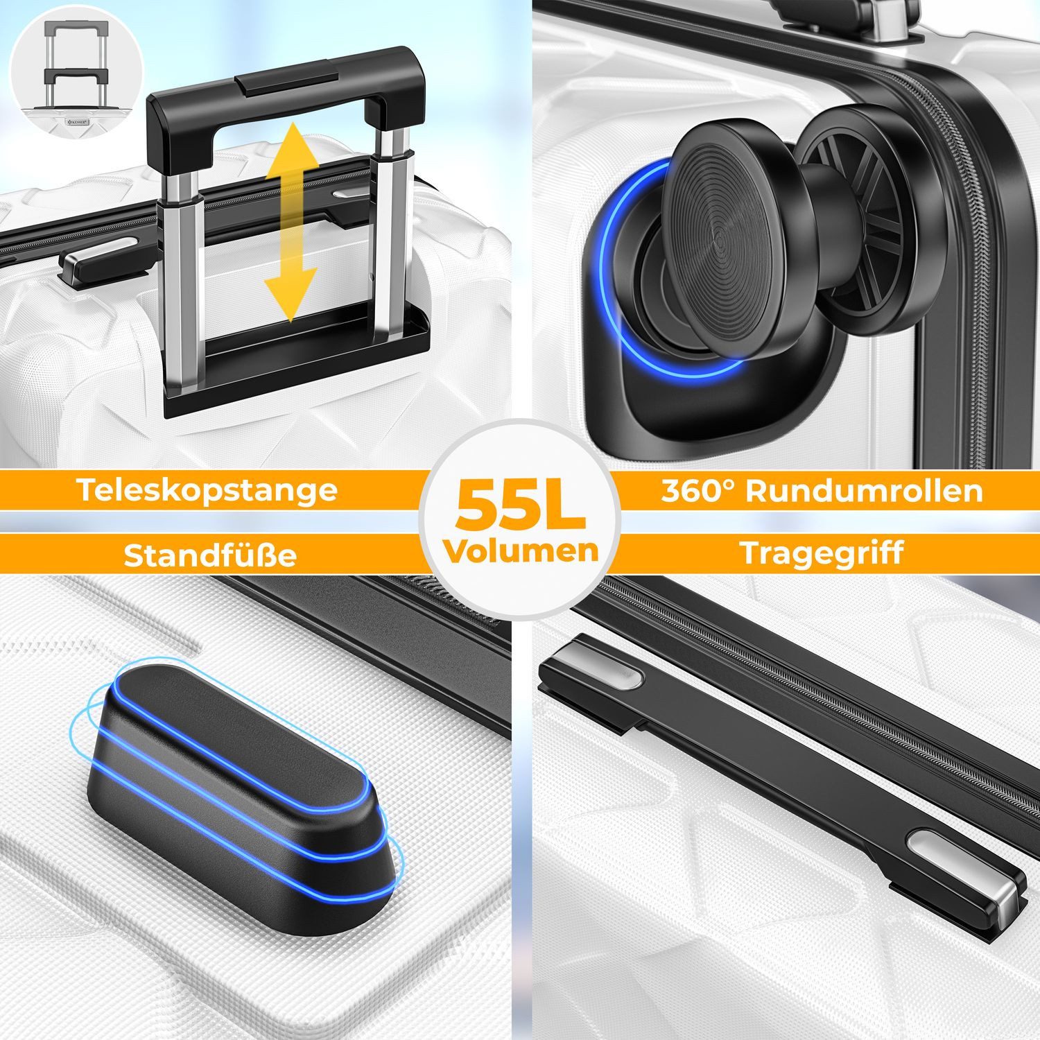 KESSER Hartschalen-Trolley Reisekoffer, 4 Rollen, ABS Hartschalenkoffer mit Zahlenschloss Kofferwaage & Reisebrieftasche