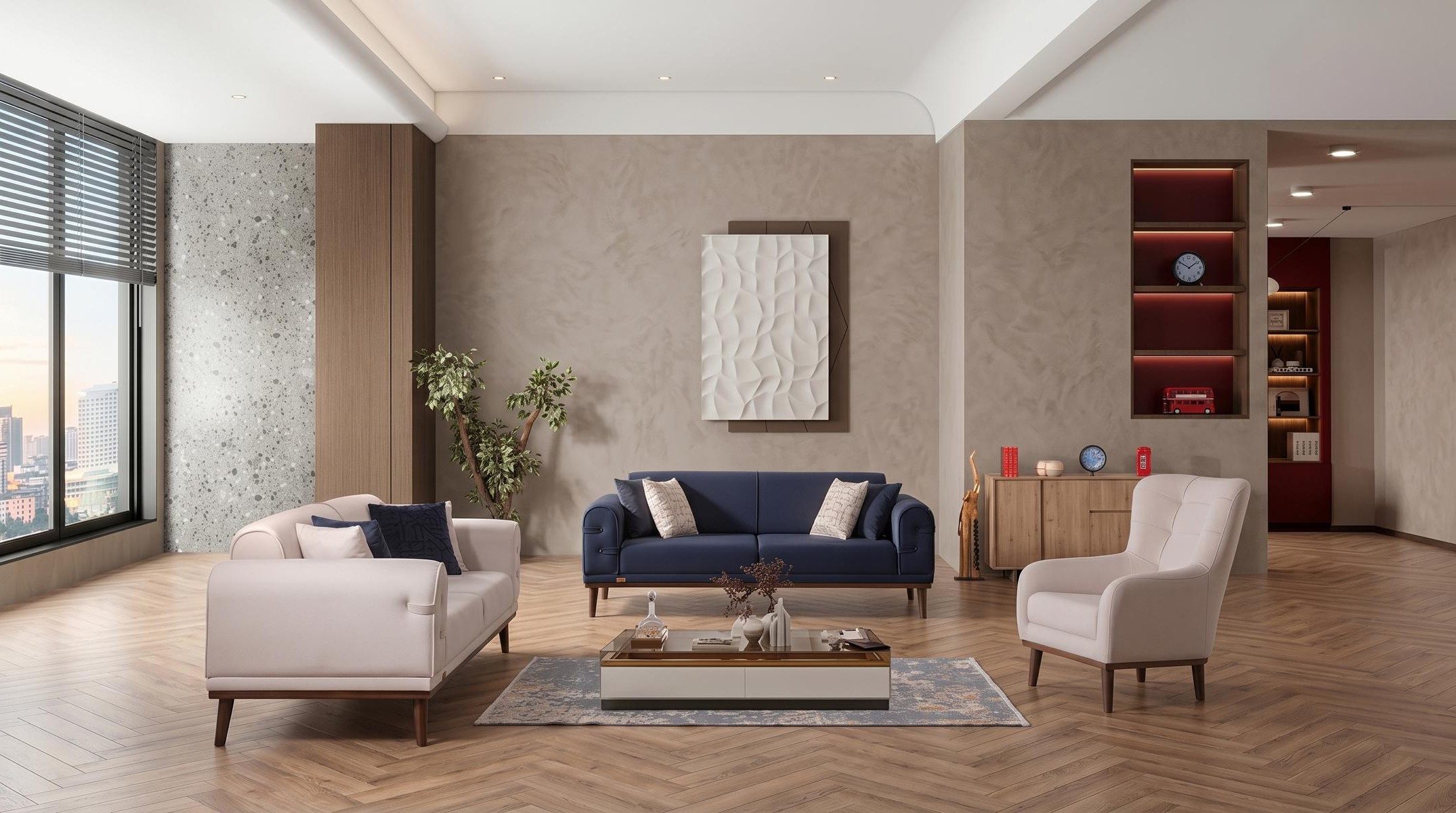 Xlmoebel Polstergarnitur Blau-beiges Wohnzimmer-Set Sofas weiche Stoffsofas Sessel, (3-tlg., 3-2-1)