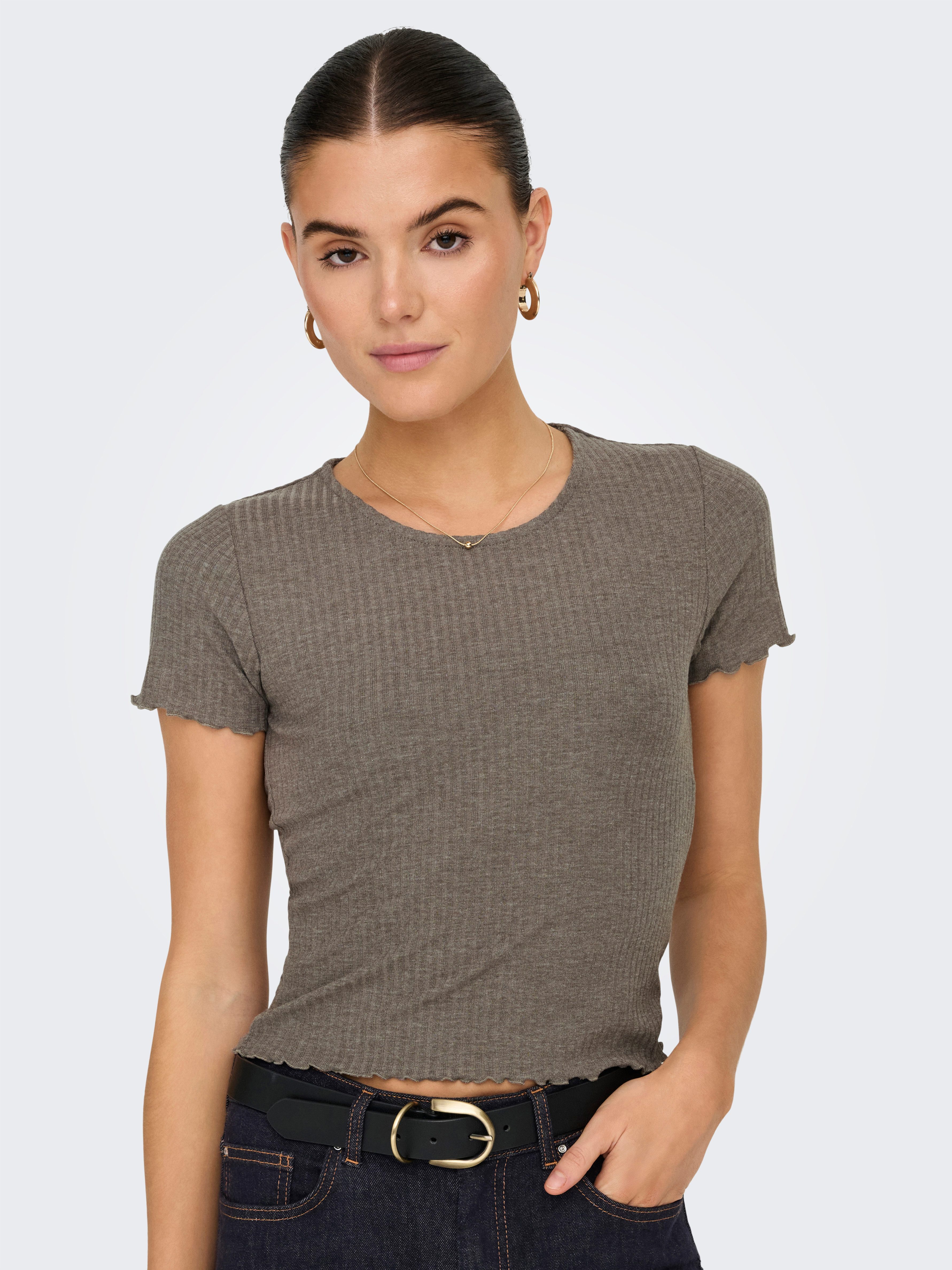 ONLY Rundhalsshirt ONLEMMA S/S SHORT TOP NOOS JRS Rundhals, modisch, regular fit, gewellter Abschluss, unifarben