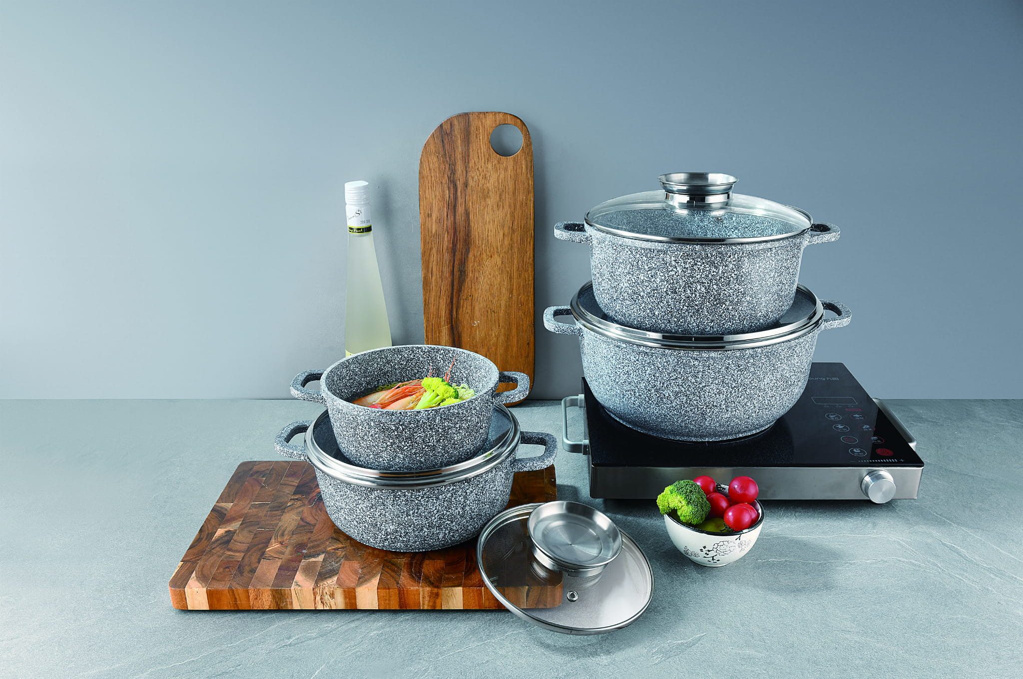 KlönBerg Topf-Set Steinbeschichteten Töpfen in verschiedenen Größen mit Bratpfannen, Aluminiumguss, Aluminium, Keramik, Edelstahl (Passt in jede Küche! 1.3L / 2.3L / 2.4L / 3.4L / 4.5L / 6.8L, 17-tlg., Es ist eine perfekte Geschenkidee für jeden Anlass), Innovative Aroma Knob-Griffe