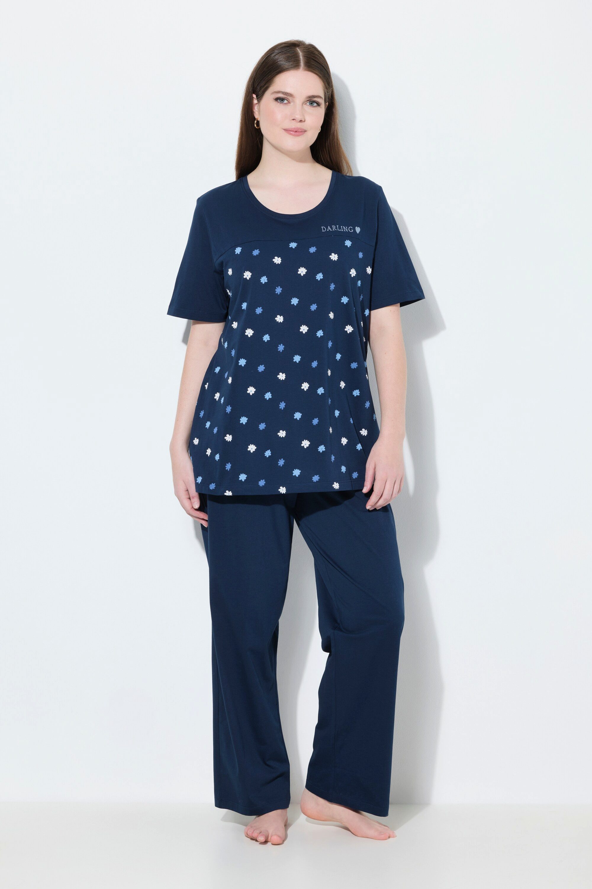 Pyjama Pyjama Blüten Stickerei Rundhals Halbarm