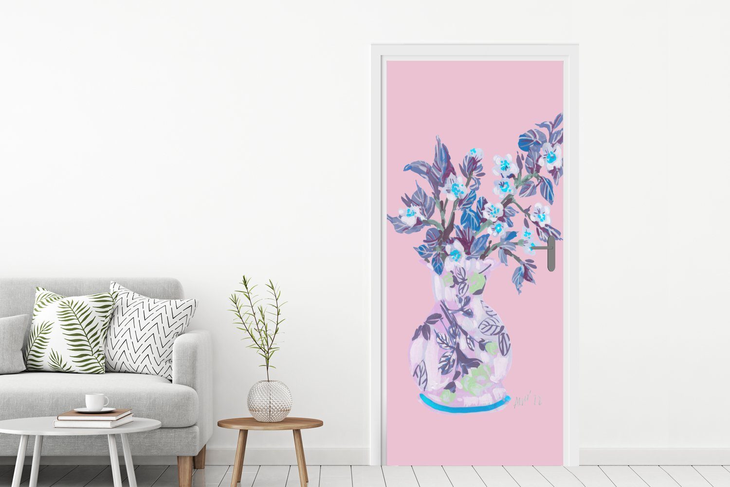 cm Fototapete Tür, - Rosa Matt, bedruckt, Türaufkleber, - (1 St), MuchoWow Türtapete 75x205 für - Pflanzen, Vase Blumen