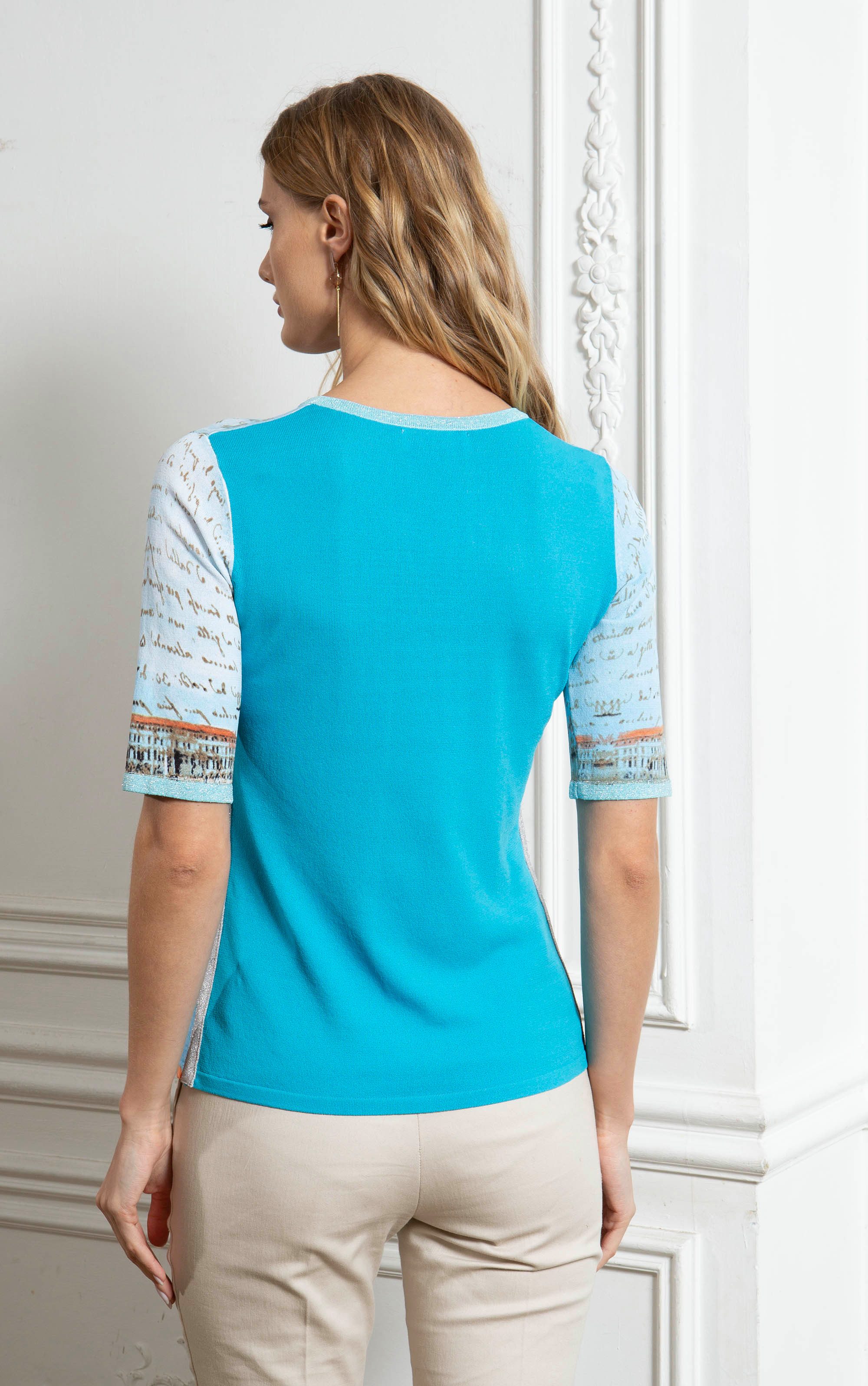 Passioni Kurzarmpullover mit Print und und Metallicgarn