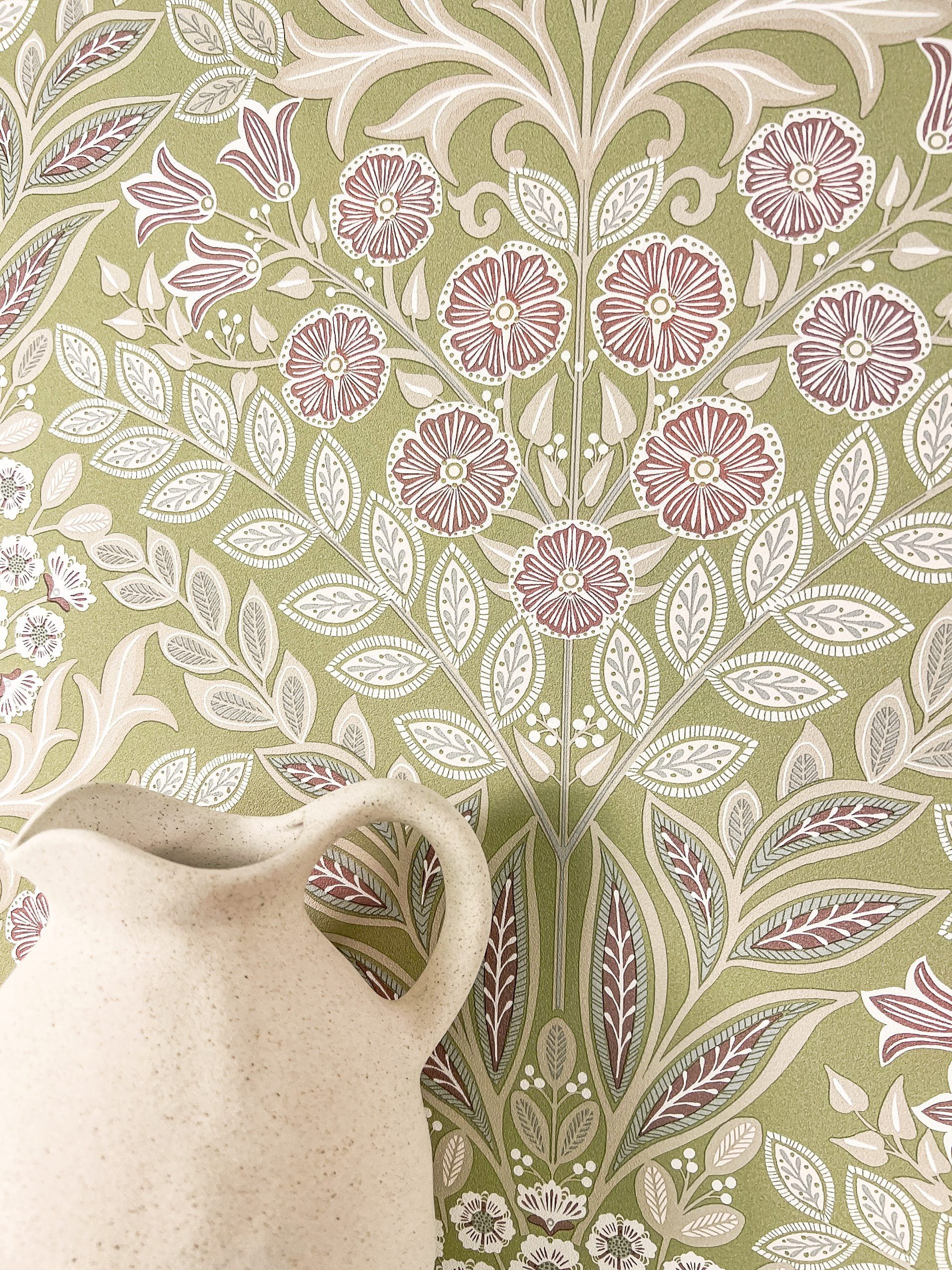 Newroom Vliestapete Bianca Green Tapete Blumentapete Blumen,Blätter,Ornamente, Grün Tapete Floral Blumen - Blumentapete Floral Weiß Rosa Romantisch 3D Optik Blätter Ornamente für Wohnzimmer Schlafzimmer Küche, Floral