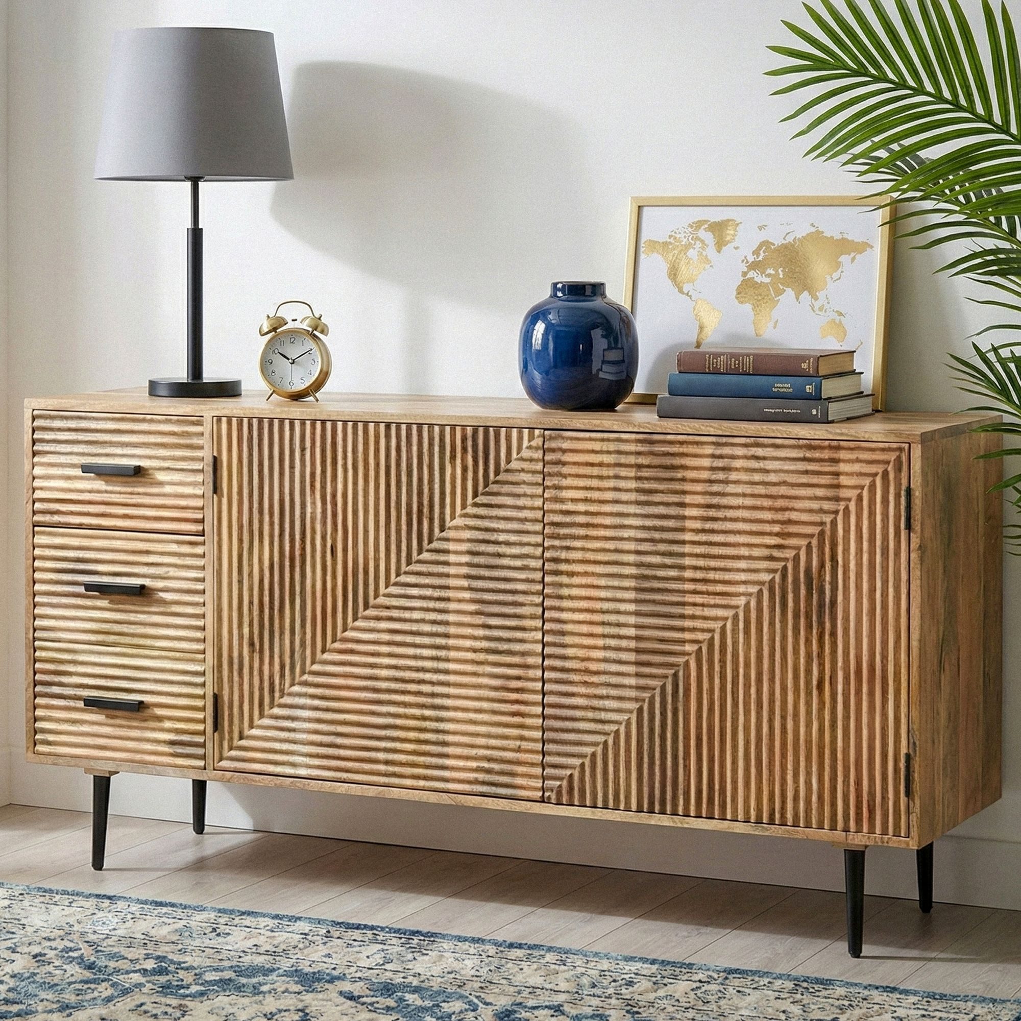 Wohnling Sideboard WL7.619 Kommode Massivholz 160cm Standschrank Anrichte Flurschrank (Ausdrucksstarkes Design mit Struktur), Natürliche Maserung trifft Loft Stil