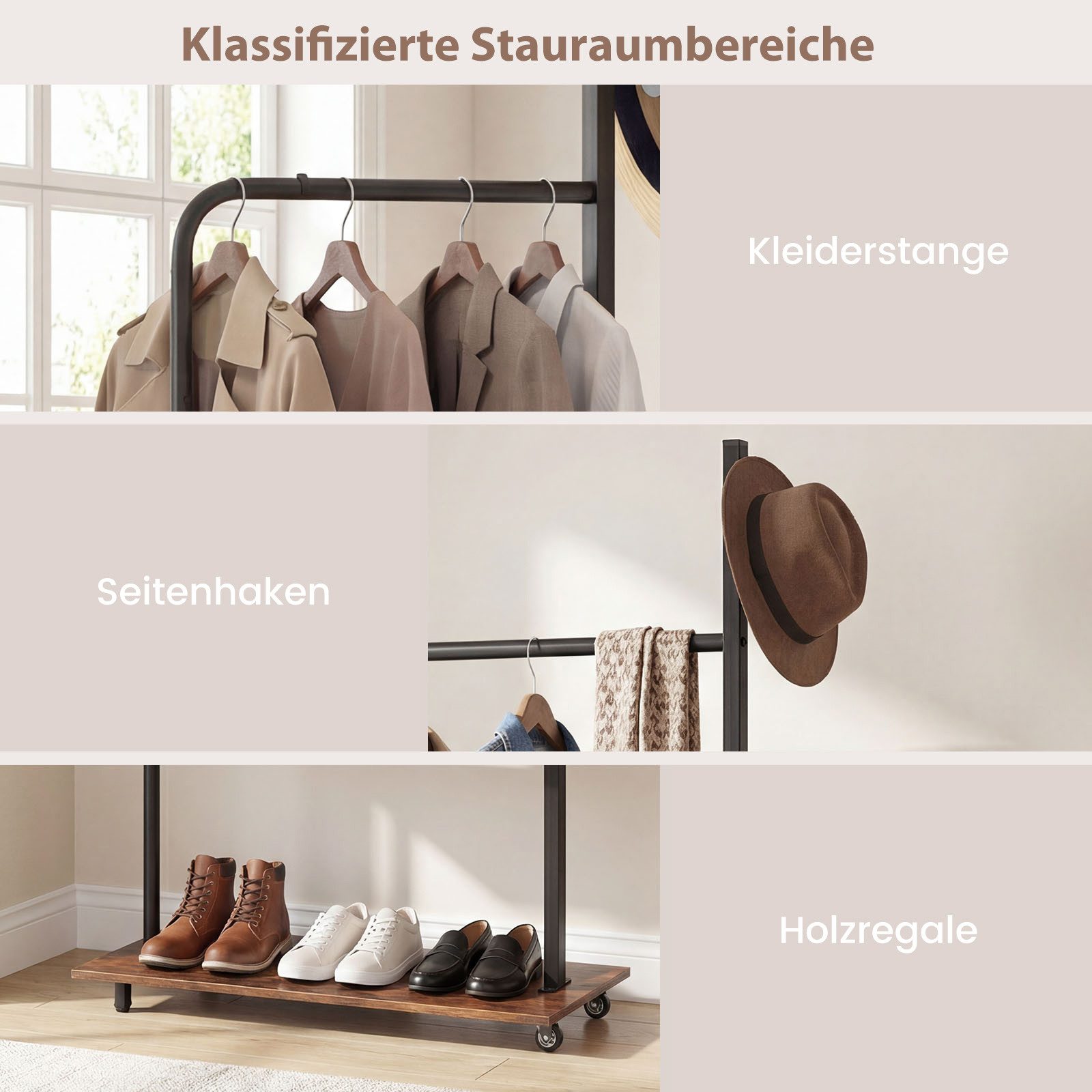 COSTWAY Kleiderständer, freistehender Garderobenstander holz auf Rollen
