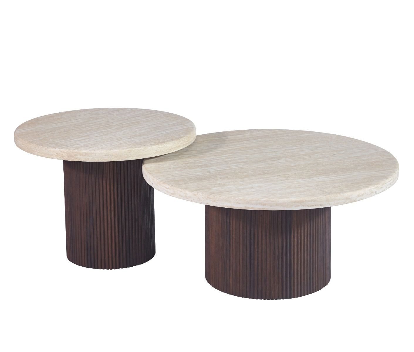 alesvelt Couchtisch Trivento Travertin-Design Tischplatte 2er-Set im edlen Säulenstil (2-er Set), Ø80X38 CM + Ø60X43 CM