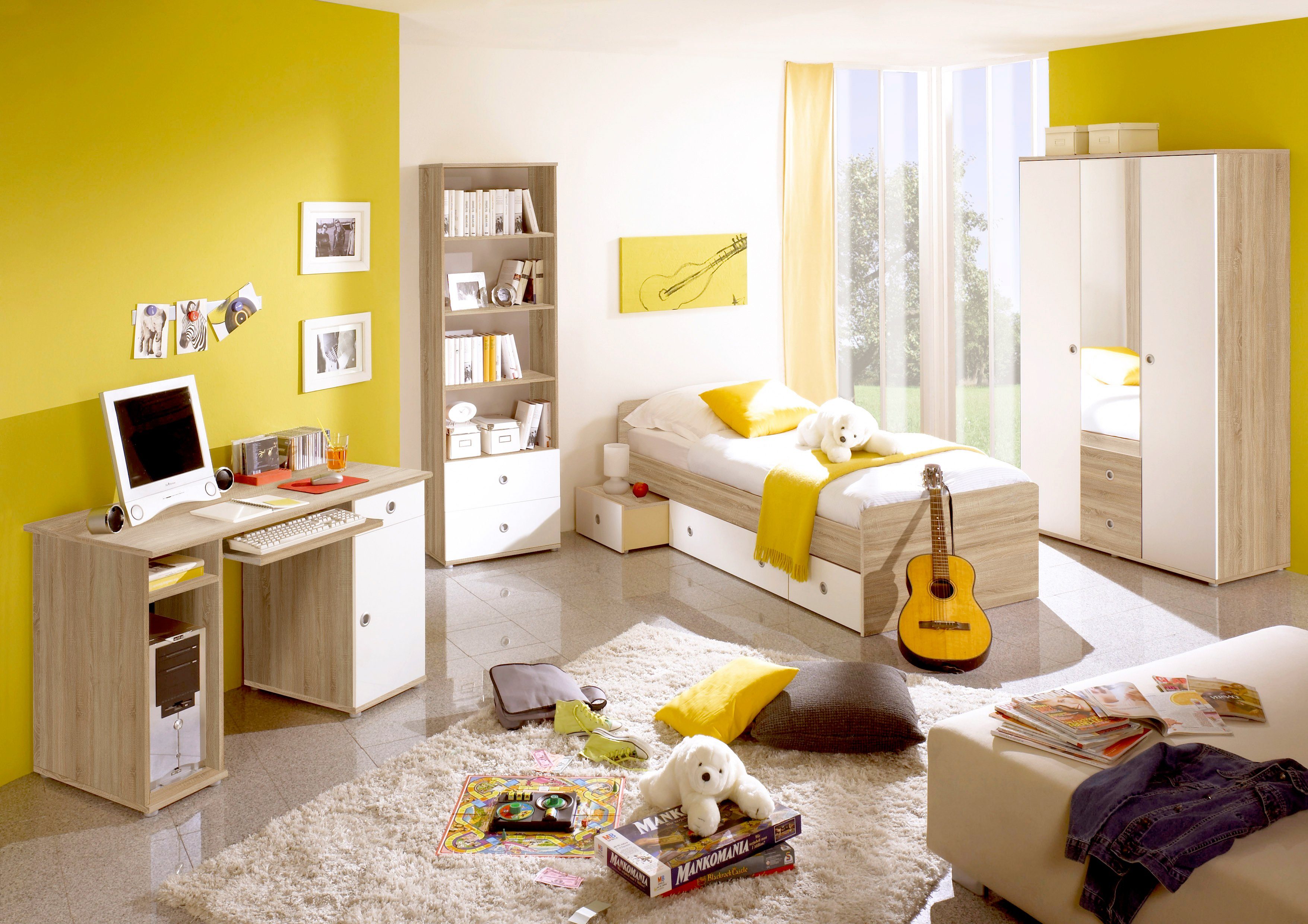 möbel-direkt.de Jugendzimmer-Set Wiki, (Spar Set, 4-tlg., Kleiderschrank + Funktionsbett 90x200cm + Schreibtisch + Standregal), Funktionsbett mit Nachttisch und Bettschubkästen, Schrank mit Spiegel