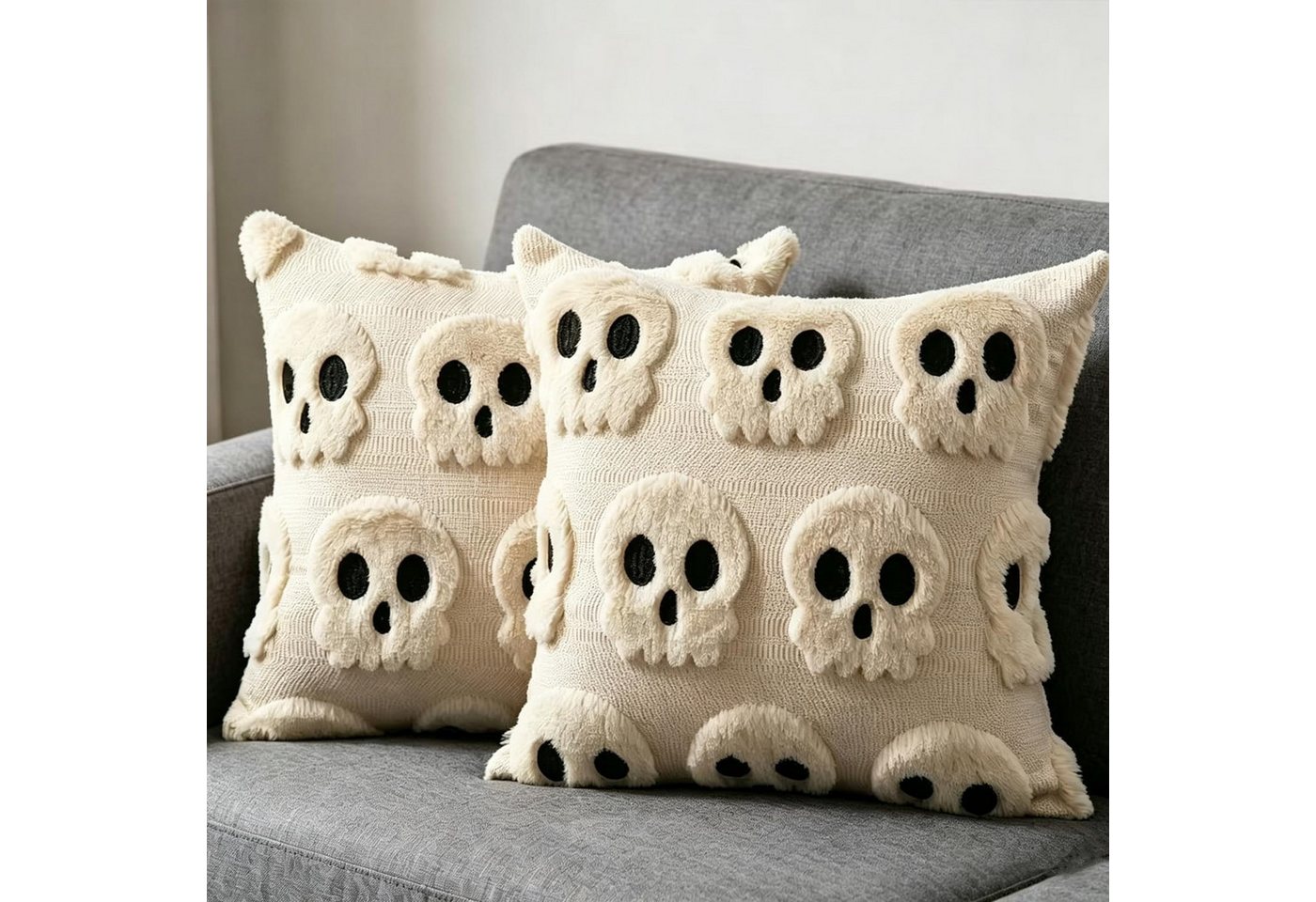 Sorvyzxn Kissenbezüge Kissenbezüge 2er Set, 18 × 18 Zoll mit Flauschigem Totenkopf-Motiv, (2 Stück), Herbstliche Halloween-Deko für Sofa & Zuhause, aus Polyester