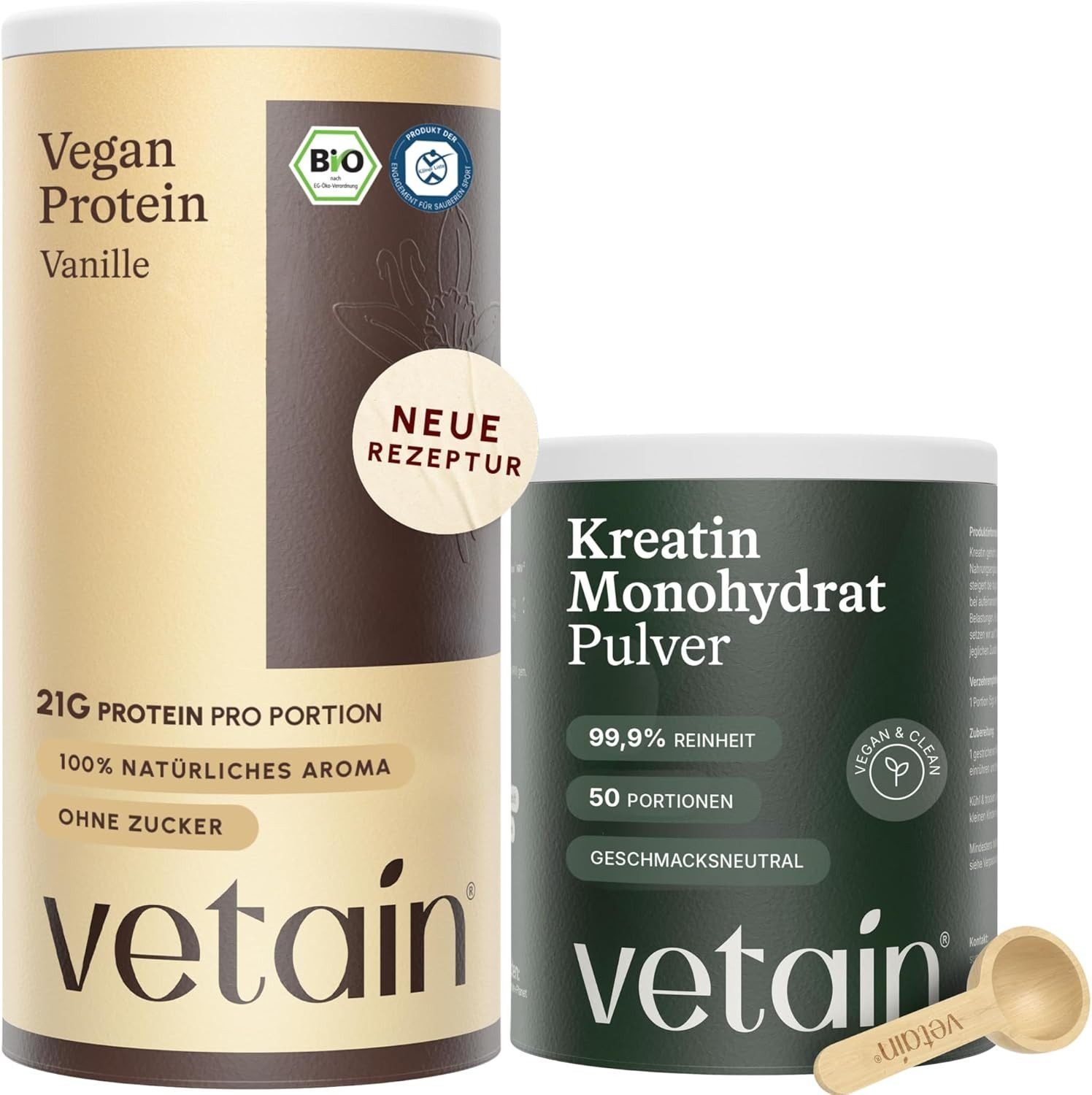 VETAIN Vegan Protein + Kreatin Monohydrat Set Pulver, 100% Bio, Vegan, Ohne künstliche Süßungsmittel, Fermentiert