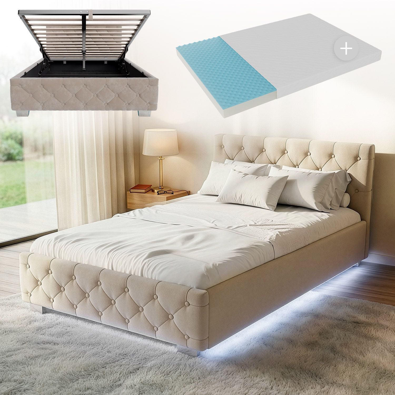 Juskys Polsterbett Nizza, 120x200 cm, LED Licht, Stauraum, Samtbezug, inkl. Matratze