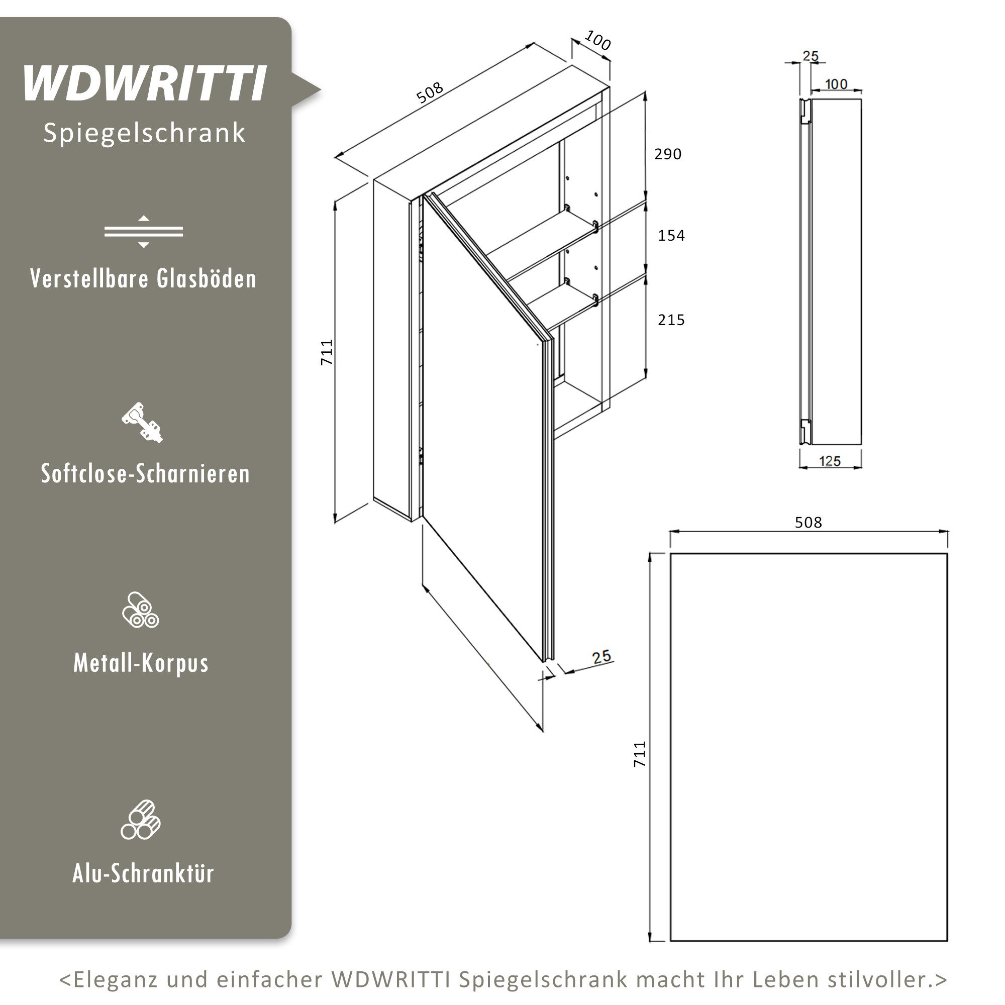 WDWRITTI Spiegelschrank Alu Metall Badezimmerspiegelschrank 1 türig Eckig (Hängeschrank Badschrank Schwarz, 50,8 x 12,5 x 71,1 cm) vormontiert geliefert, Wandbohrungen