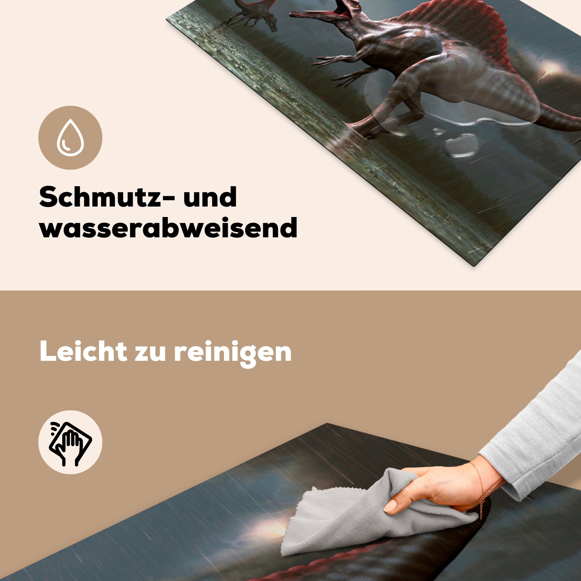 küche Arbeitsplatte Spinosaurier Herdblende-/Abdeckplatte 83x51 tlg), cm, Vinyl, (1 im Regen, Ceranfeldabdeckung, MuchoWow für