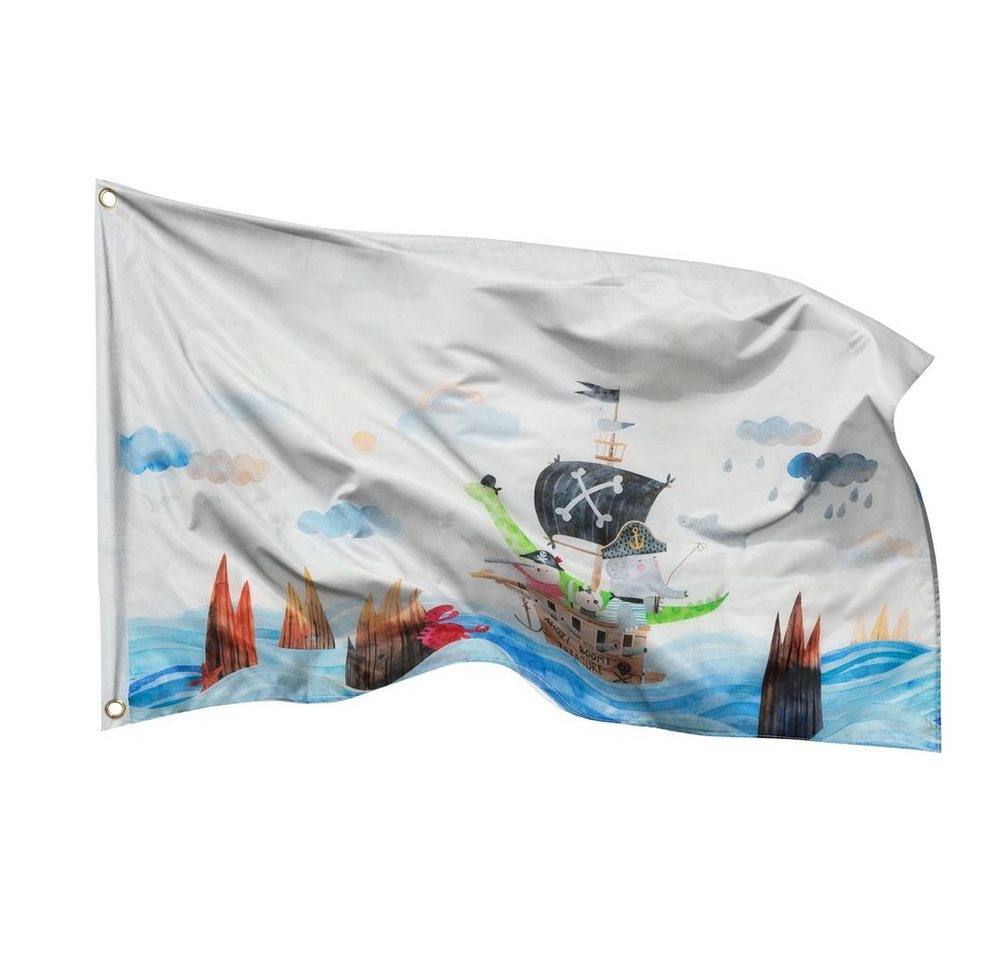 PHENO FLAGS Flagge Kinder Piratenflagge, 60x90 cm - Lustiges Piratenboot-Motiv (Ideale Piraten Abenteuer Flagge für Kinderzimmer und Spieltürme), Elefant, Bär, Kaninchen & Dinosaurier
