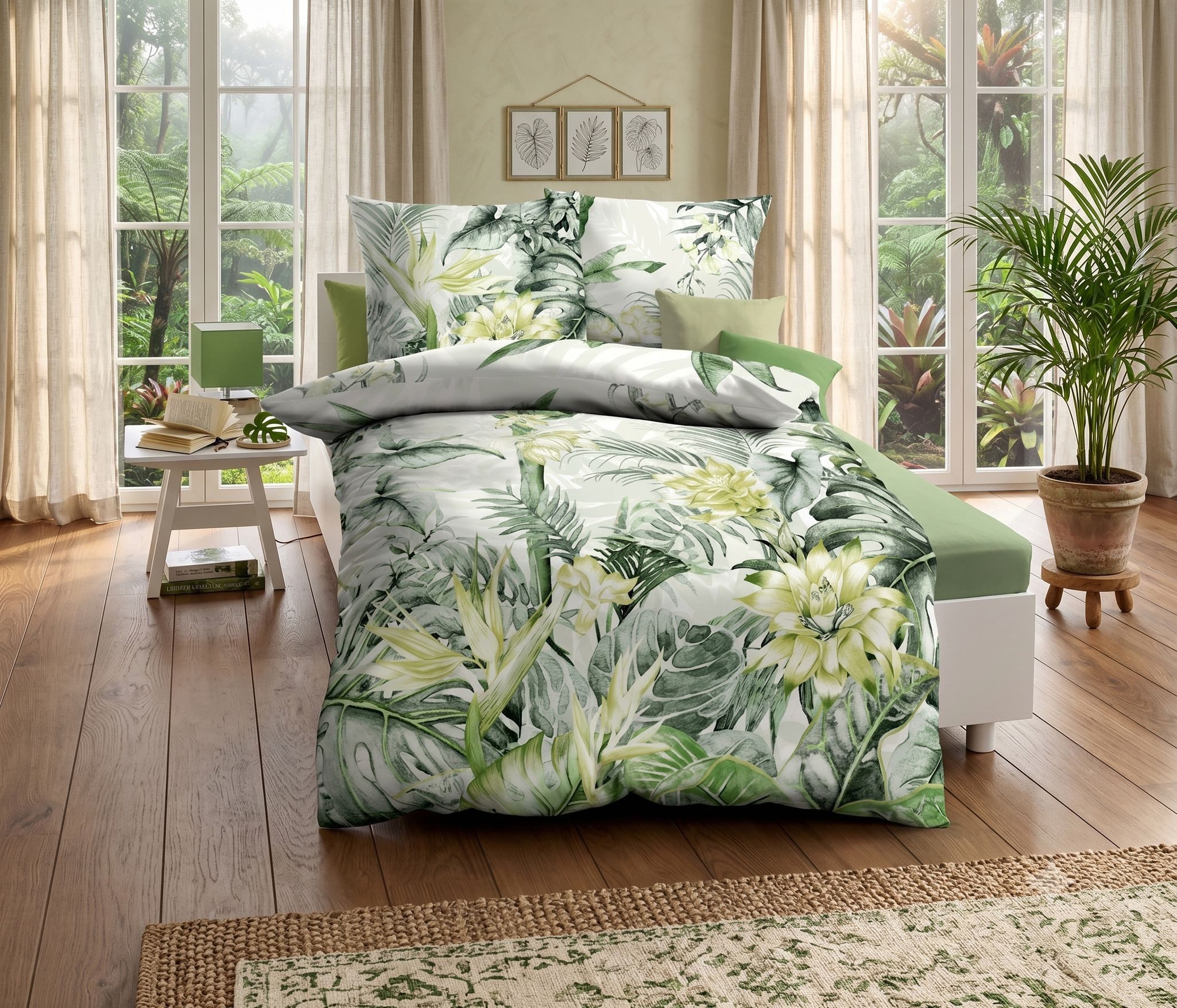 Kaeppel Bettwäsche 135x200cm Junglepracht Grün, Mako-Satin, 2 teilig, hochwertiger Druck mit schönem Junglemotiv, Baumwolle
