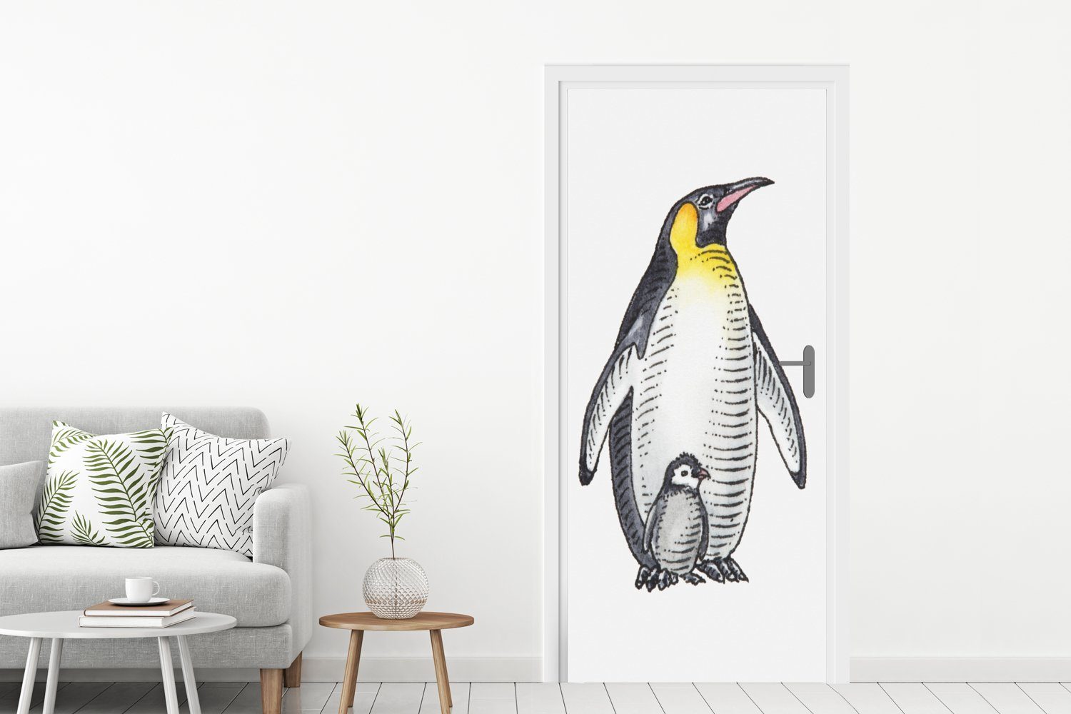 cm - MuchoWow Fototapete für Türaufkleber, bedruckt, 75x205 Pinguin Türtapete (1 Tür, Matt, St), Tiere Aquarell, -