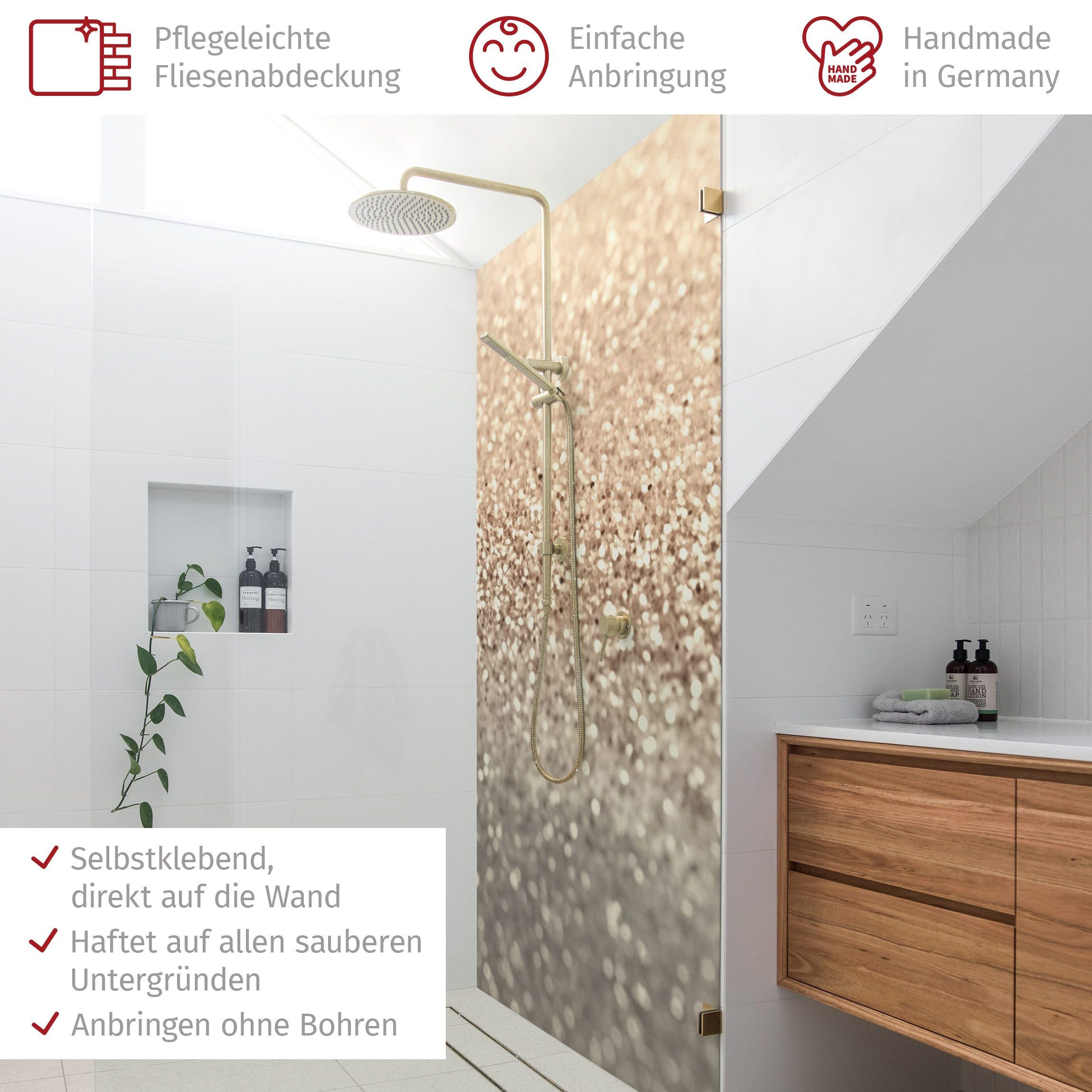Bilderdepot24 Duschrückwand Muster gold Duschrückwand ohne Bohren Dusche Fliesenersatz, (1-tlg., 0,61 mm starke Folie selbstklebend Wandpaneele Dusche versch. Größen), fugenlose & wasserfeste Motiv Rückwand Wandverkleidung für Duschkabine