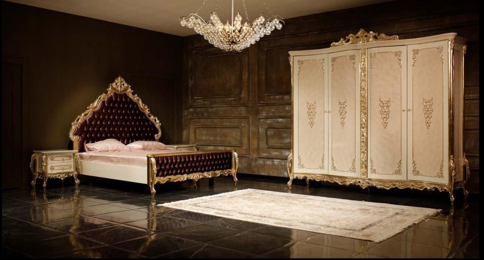 Komplettschlafzimmer Klassisches Schlafzimmer Set Doppelbett 2x Nachttische Kommode Schrank