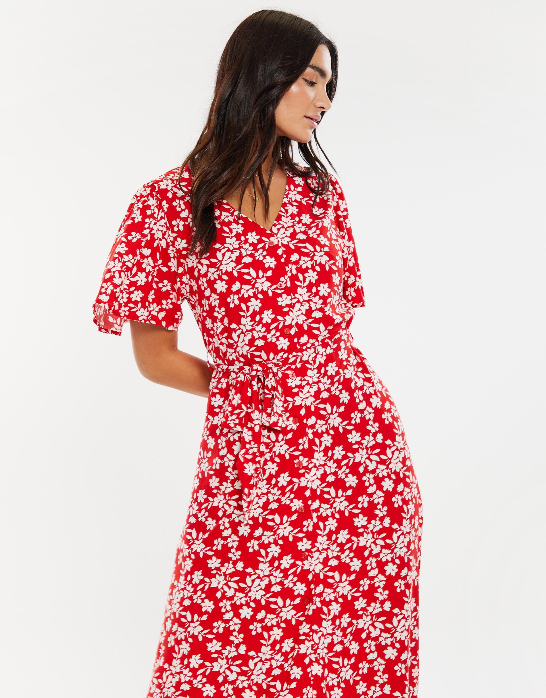 Button gepunktet Dress - rot Midi Threadbare Sommerkleid Red Pastill THB Spot Fruit