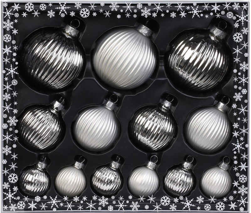 MAGIC by Inge Weihnachtsbaumkugel Frosty Silver, Weihnachtsdeko, Christbaumschmuck (13 St), hochwertige Christbaumkugeln aus Glas, Strukturkugeln, Ø 4/6/8 cm