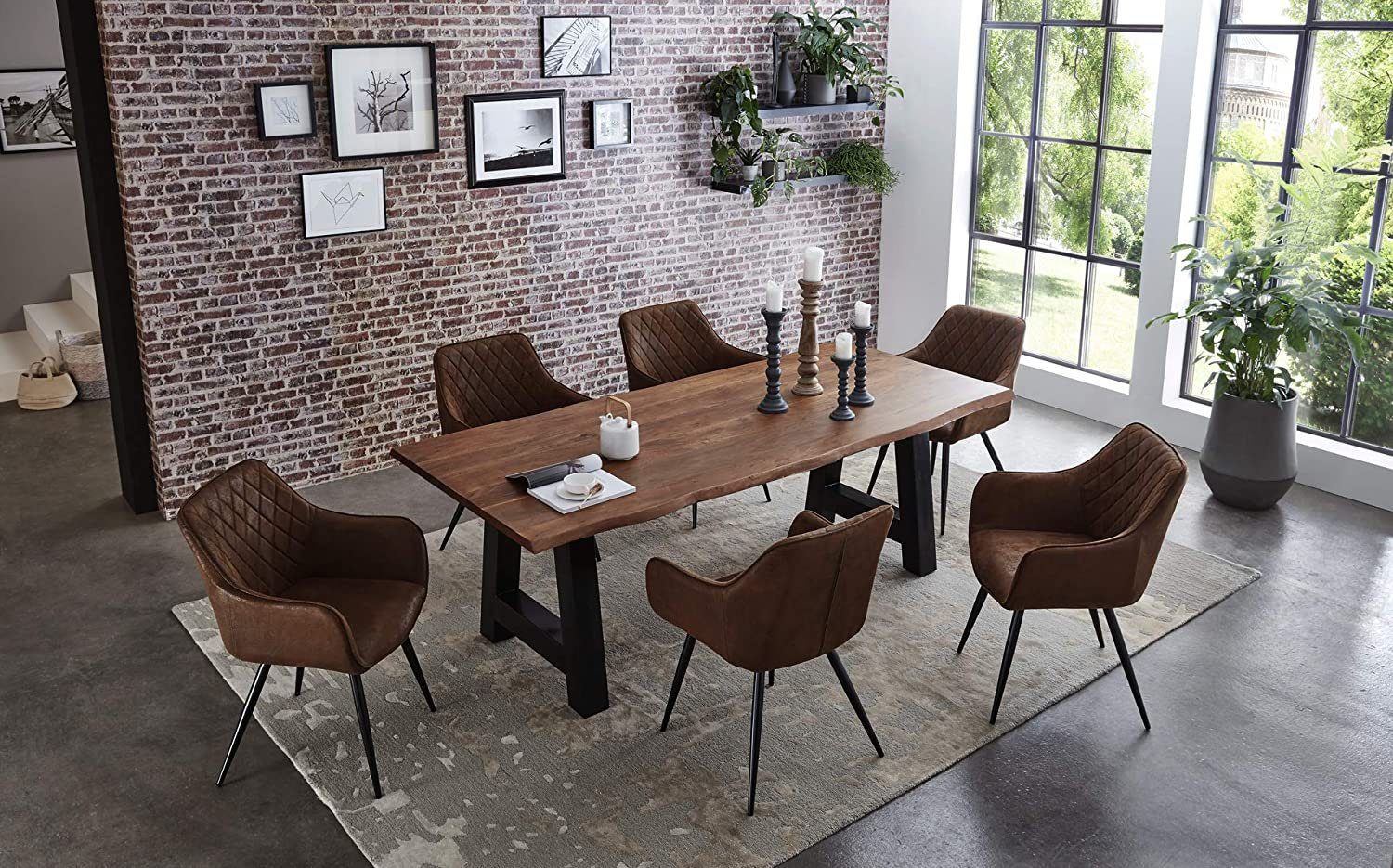 Junado® Essgruppe Athen, 7-tlg. mit Tisch Baumkante massiv A-Gestell schwarz und 6x Stühle nussbaumfarben