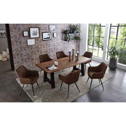 Junado® Essgruppe Athen, 7-teilig mit Tisch Baumkante massiv A-Gestell schwarz und 6x Stühle E