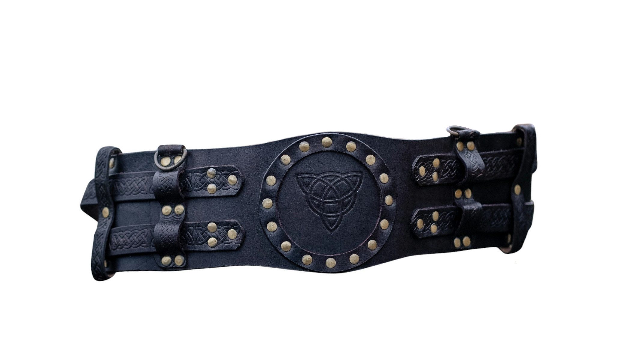 Leonardo Carbone Wikinger-Kostüm Kampfgürtel "Bedran" aus Leder mit Triquetra, breites Design, kunstvolle Nietenverzierung