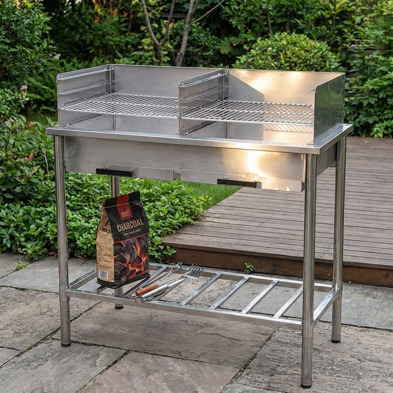 Westerholt Standgrill Edelstahl-Holzkohlegrill: Outdoorküche, 2 getrennte Roste verstellbar, Zwei Grillflächen mit zwei separaten Grillrosten