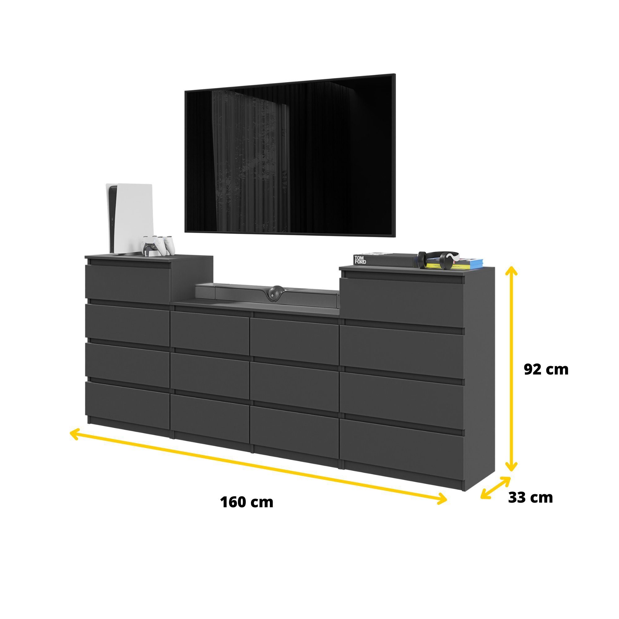 Furnica Kommode GABRIEL 4+6+4 Schubladen-Anthrazit Grau H92cm B220cm T33cm