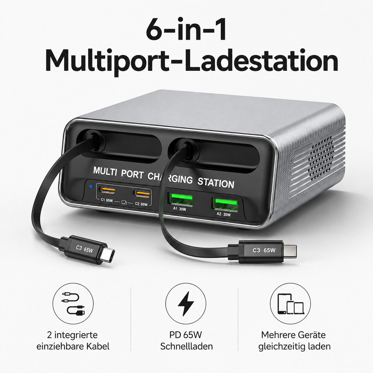 OYLCDI 6 in 1 Ladestation Mehrere Geräte,320W Schnellladegerät USB-Ladegerät (USB C Schnellladegerät mit 2 Einziehbaren Kabeln, Klein Ladestation Kompatibel, für MacBook, iPad, iPhone, Samsung und anderen Geräten)