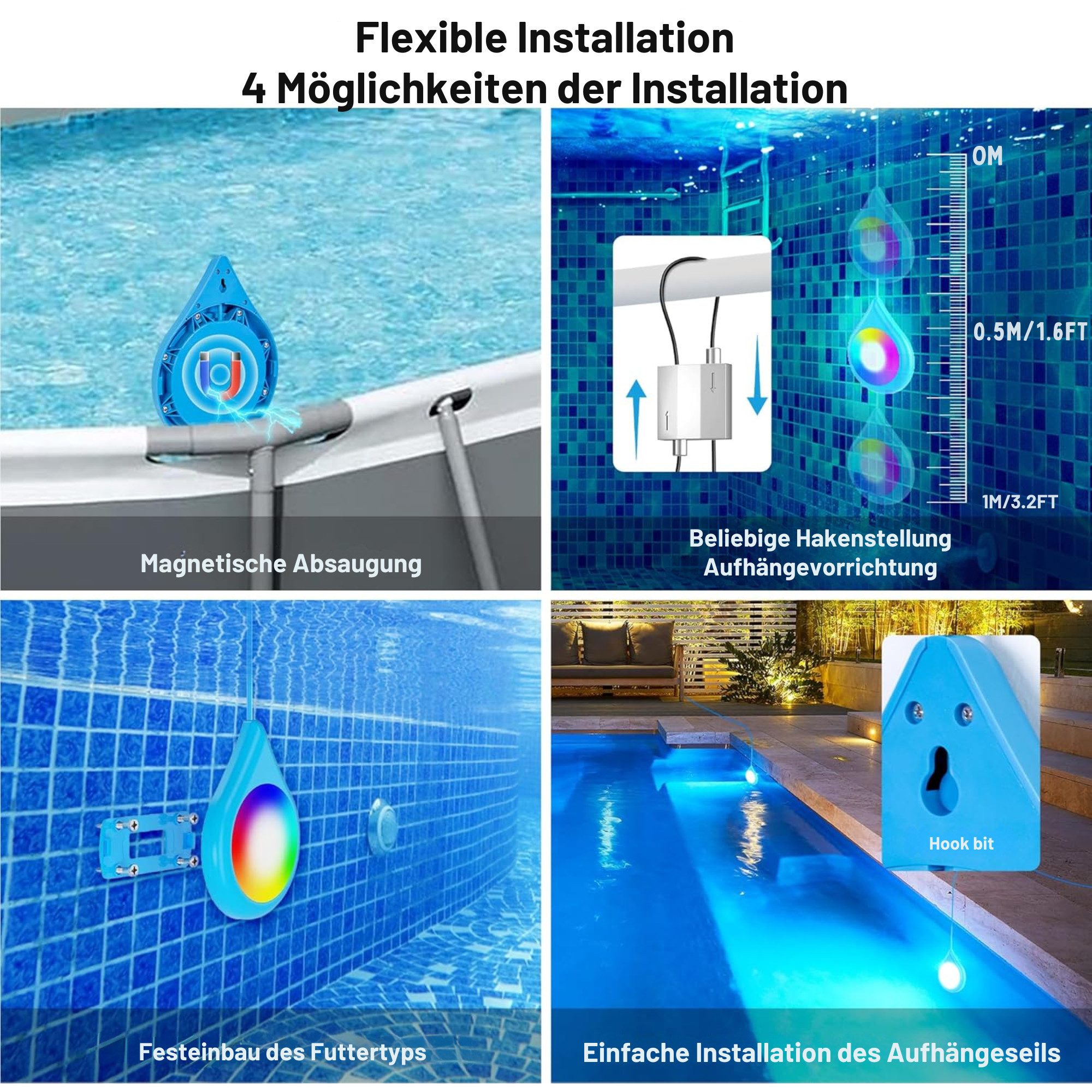 Vivitar Pool-Lampe 15W Poolbeleuchtung IP68 Wasserdicht & Dimmbar mit Magnet, LED fest integriert, RGB, APP-Steuerung - Farbwechselnde RGB-LED-Poolbeleuchtung für pool