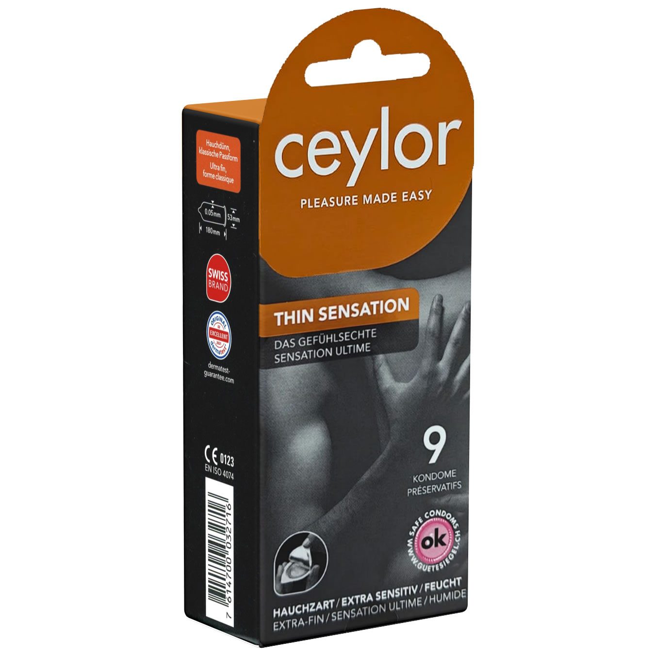 Ceylor Kondome Thin Sensation (extradünne Kondome) Packung mit, 9 St., hauchzarte Kondome, Premium-Qualität aus der Schweiz, im hygienischen "Dösli", einfach zu öffnen, schnelleres Überziehen