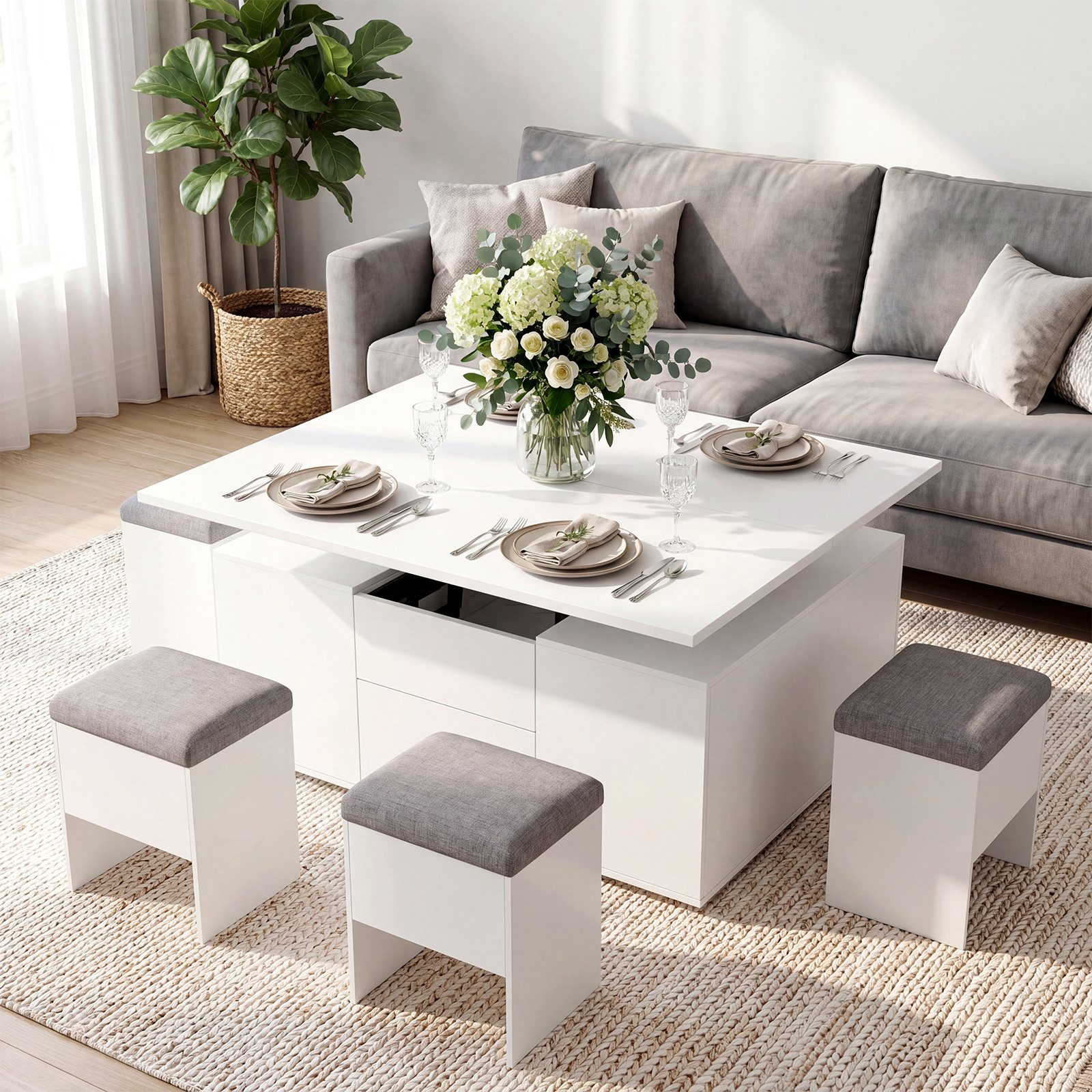 VOWNER Couchtisch mit klappbarer Tischplatte – 4-in-1 Multifunktions Wohnzimmertisch (1-St), höhenverstellbar für verschiedene Anwendungen