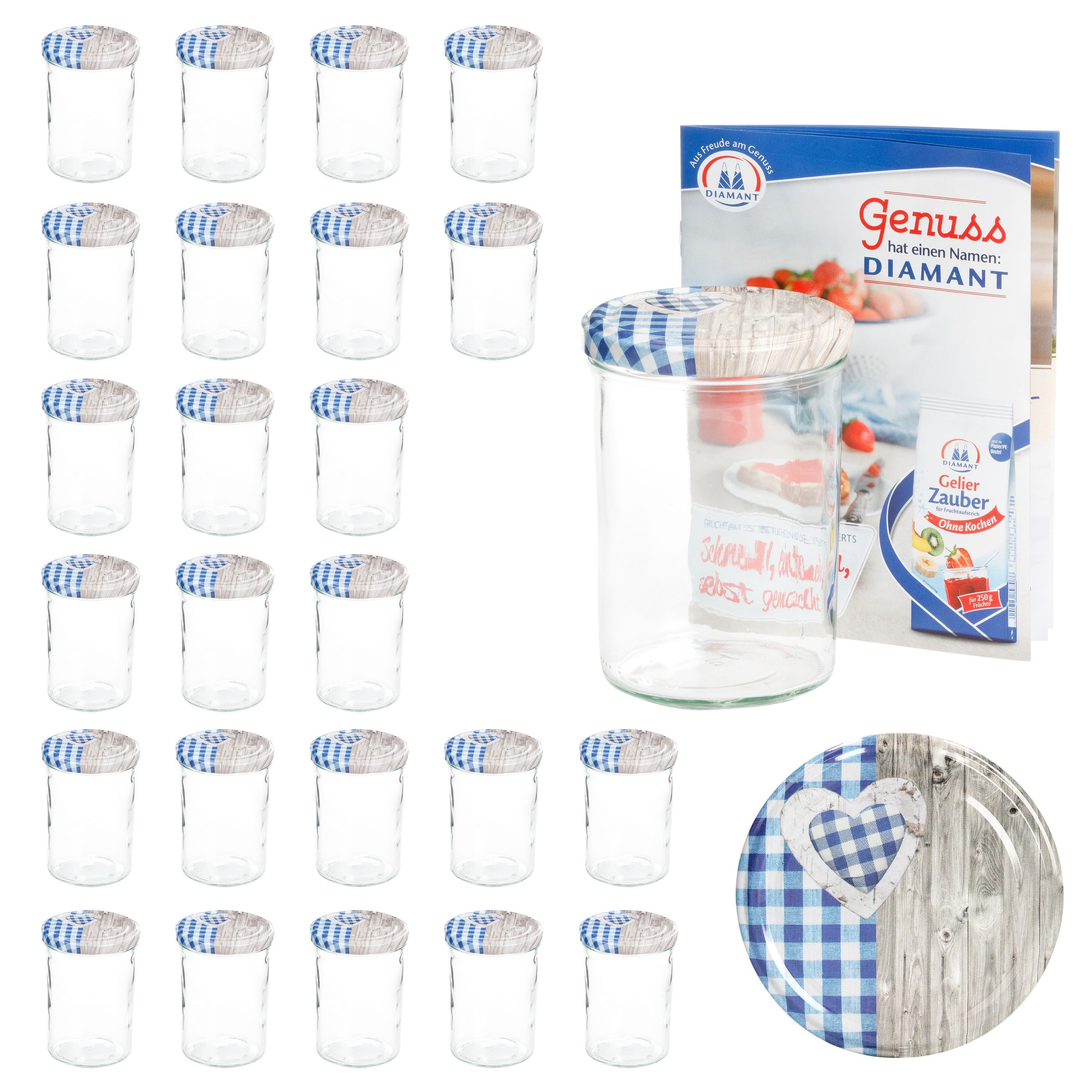 MamboCat Einmachglas 25 Sturzgläser 435 ml Deckel Herz Holz blaukariert Einmachglas, Glas
