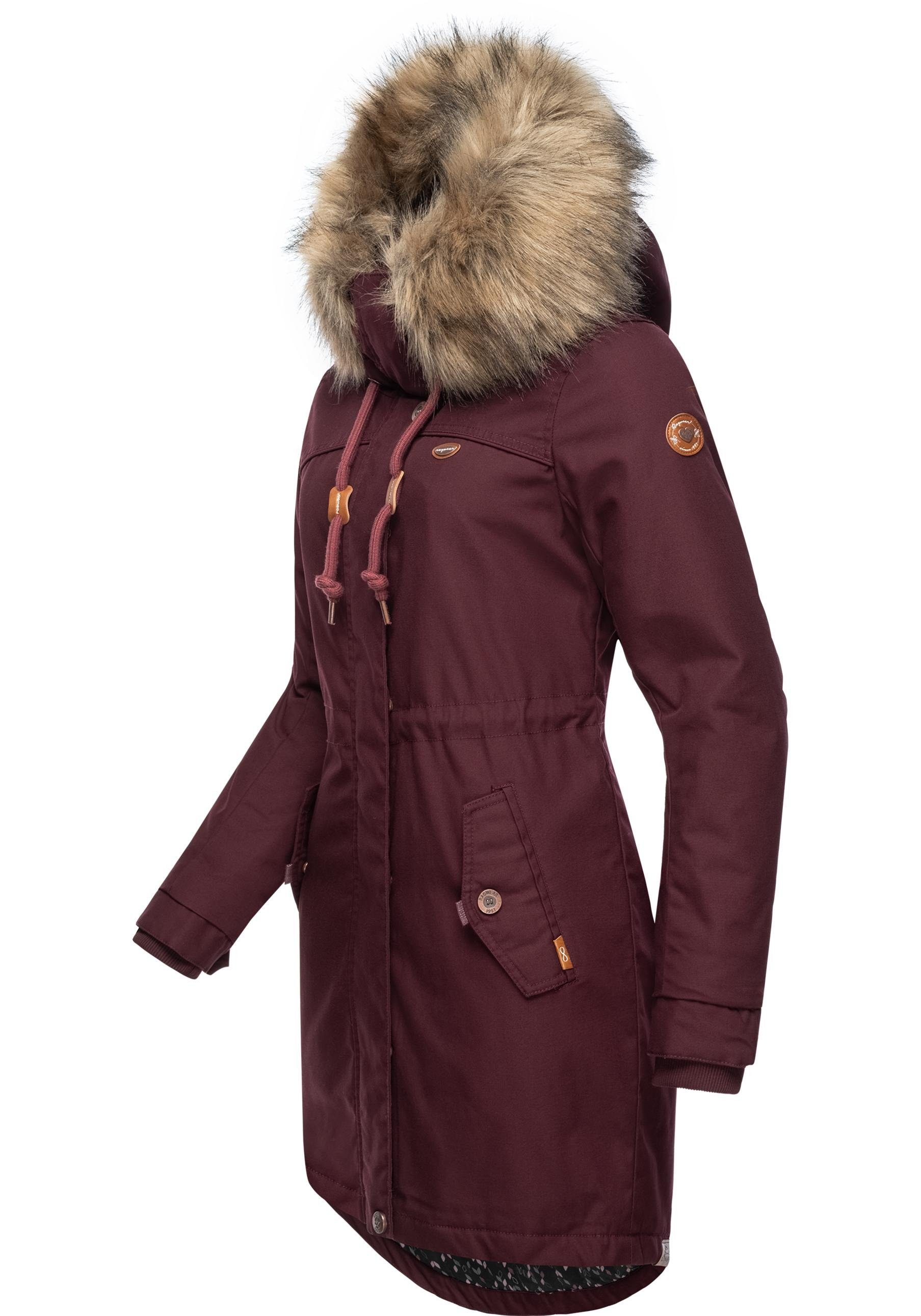 dunkelrot Kunstfellkragen stylischer großer Tawny mit Kapuze Winterjacke und Winterparka Ragwear