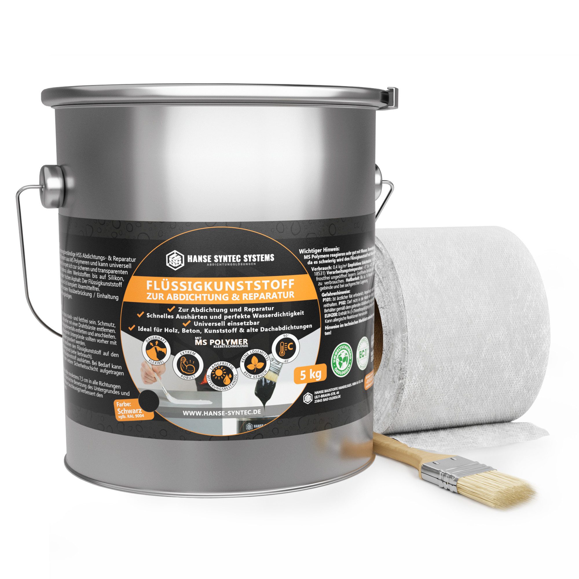 Hanse Syntec Systems Dichtstoff Flüssigkunststoff Abdichtungsset inkl. Pinsel & Vlies, geeignet für alle Untergründe außer Silikon, frischen Bitumen/Asphalt