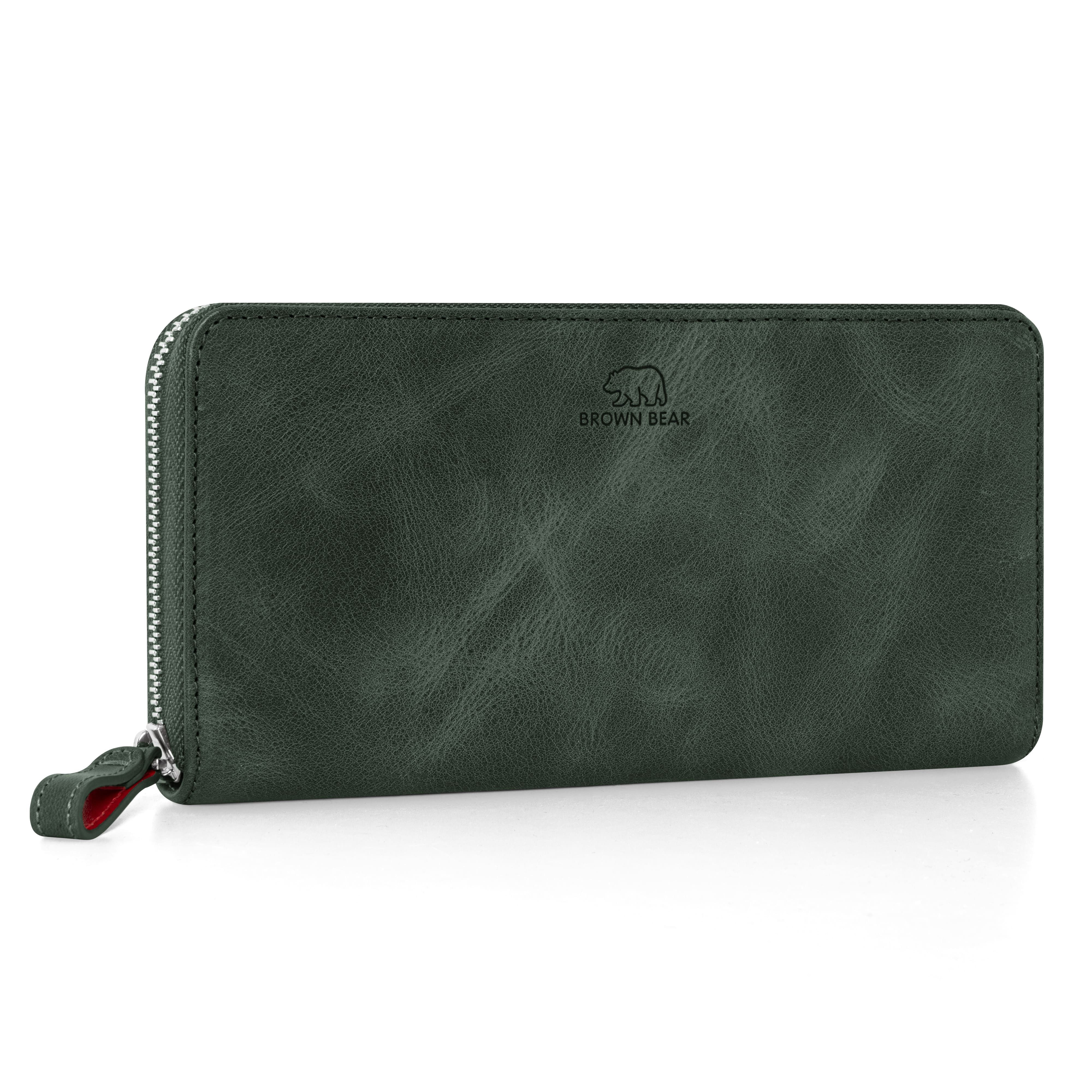 Brown Bear Geldbörse Conny aus Echtleder mit umlaufendem Reißverschluss, mit RFID-Schutz und 13 Kartenfächern Farbe Oliv
