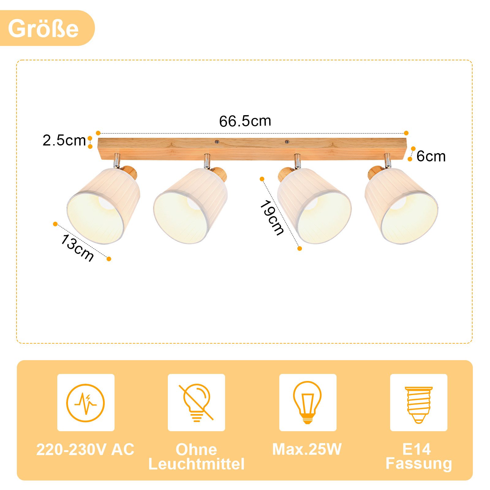 Nettlife Deckenstrahler Retro 1/2/3/4Flammig Holz Deckenleuchte E14 Vintage Boho Deckenspots, Schwenkbar 350°, ohne Leuchtmittel, für Wohnzimmer Schlafzimmer Kü – Bild 3 von 5
