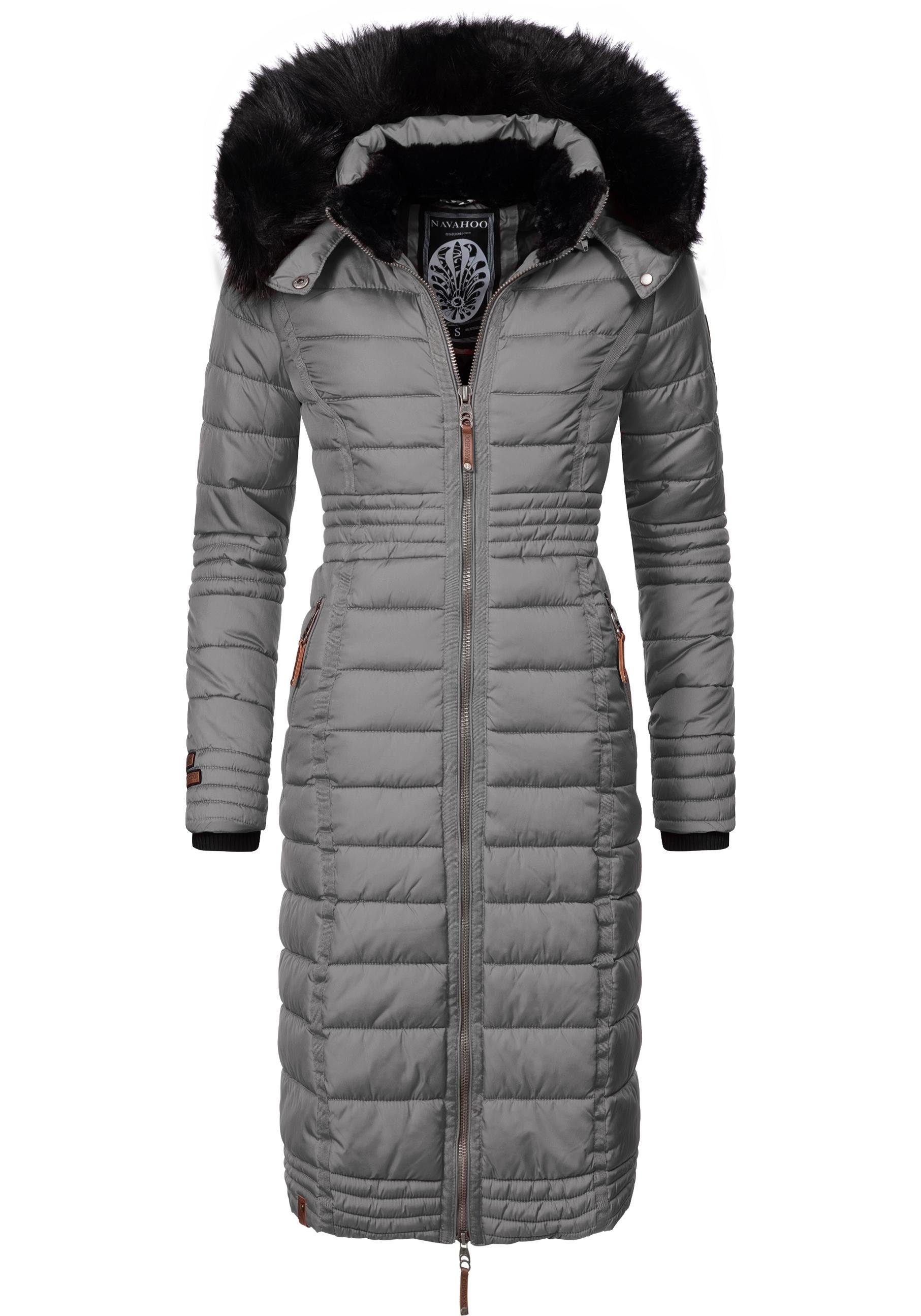 Navahoo Wintermantel Umay langer Damen Winter Steppmantel mit Kunstfellkapuze