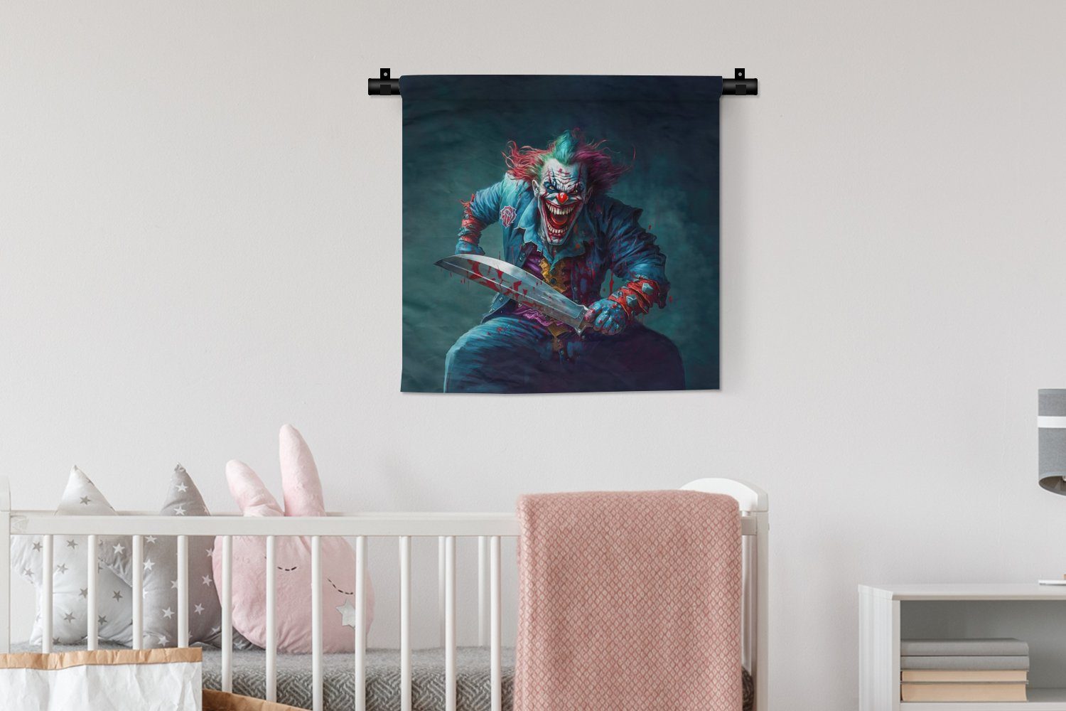 MuchoWow Wanddekoobjekt Clown - Horror Porträt, Kinderzimmer Schlafzimmer, Wohnzimmer, Wanddeko - Kleid, - Kleidung für Messer Wandbehang, 