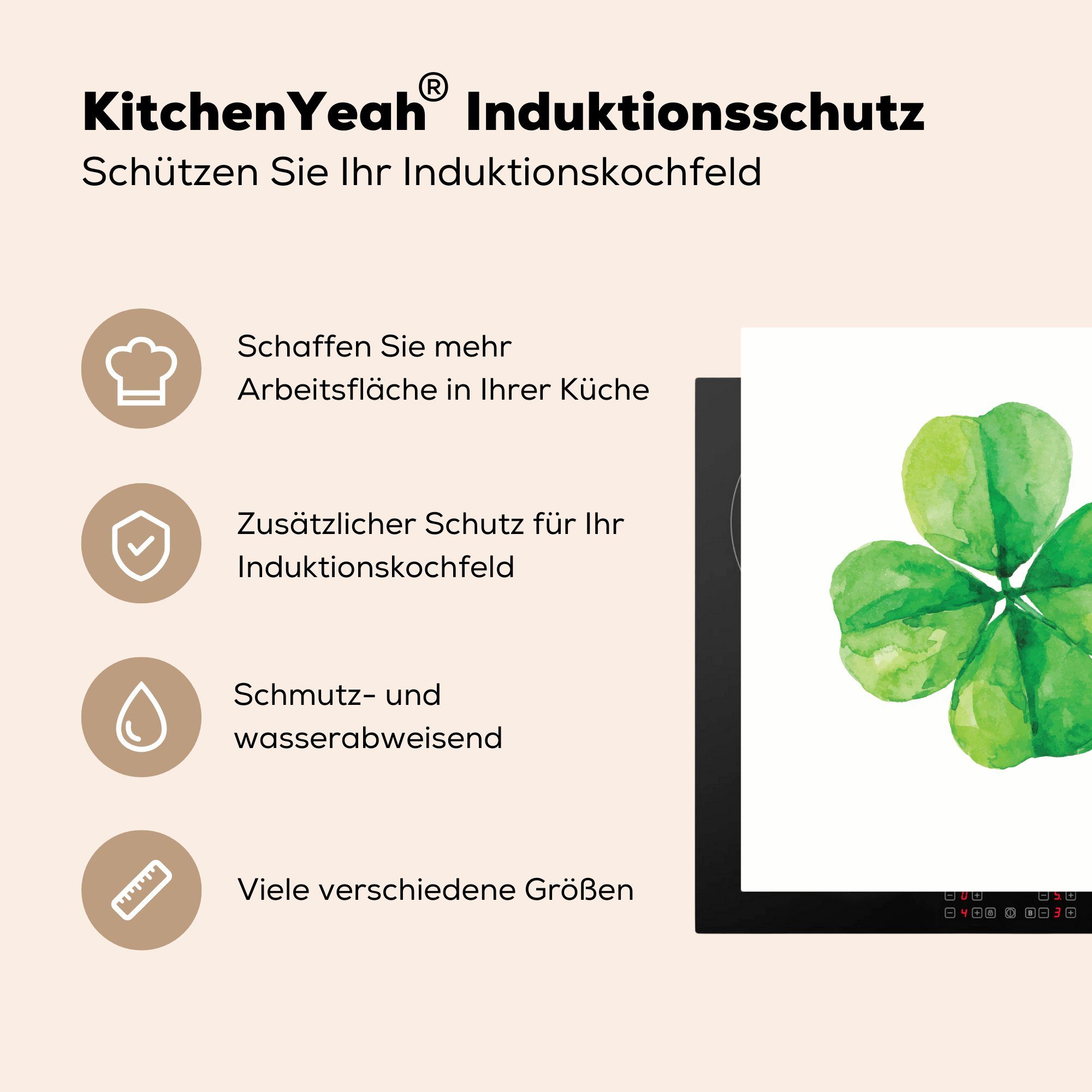 küche Herdblende-/Abdeckplatte - Kleeblatt tlg), - für Arbeitsplatte Grün, Ceranfeldabdeckung, Vierblättriges 78x78 (1 Aquarell cm, Vinyl, MuchoWow