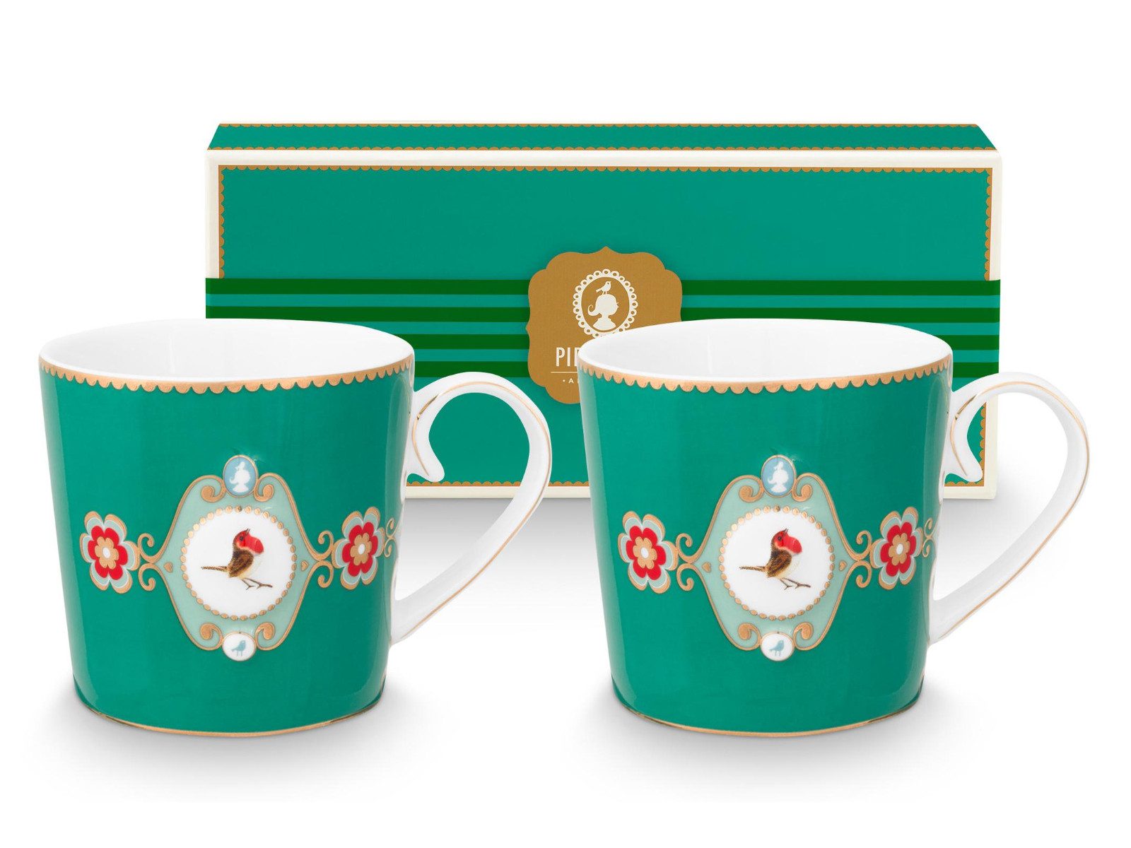 PiP Studio Becher Love Birds Medallion Emerald Henkelbecher Small 0,15l Set2, Porzellan