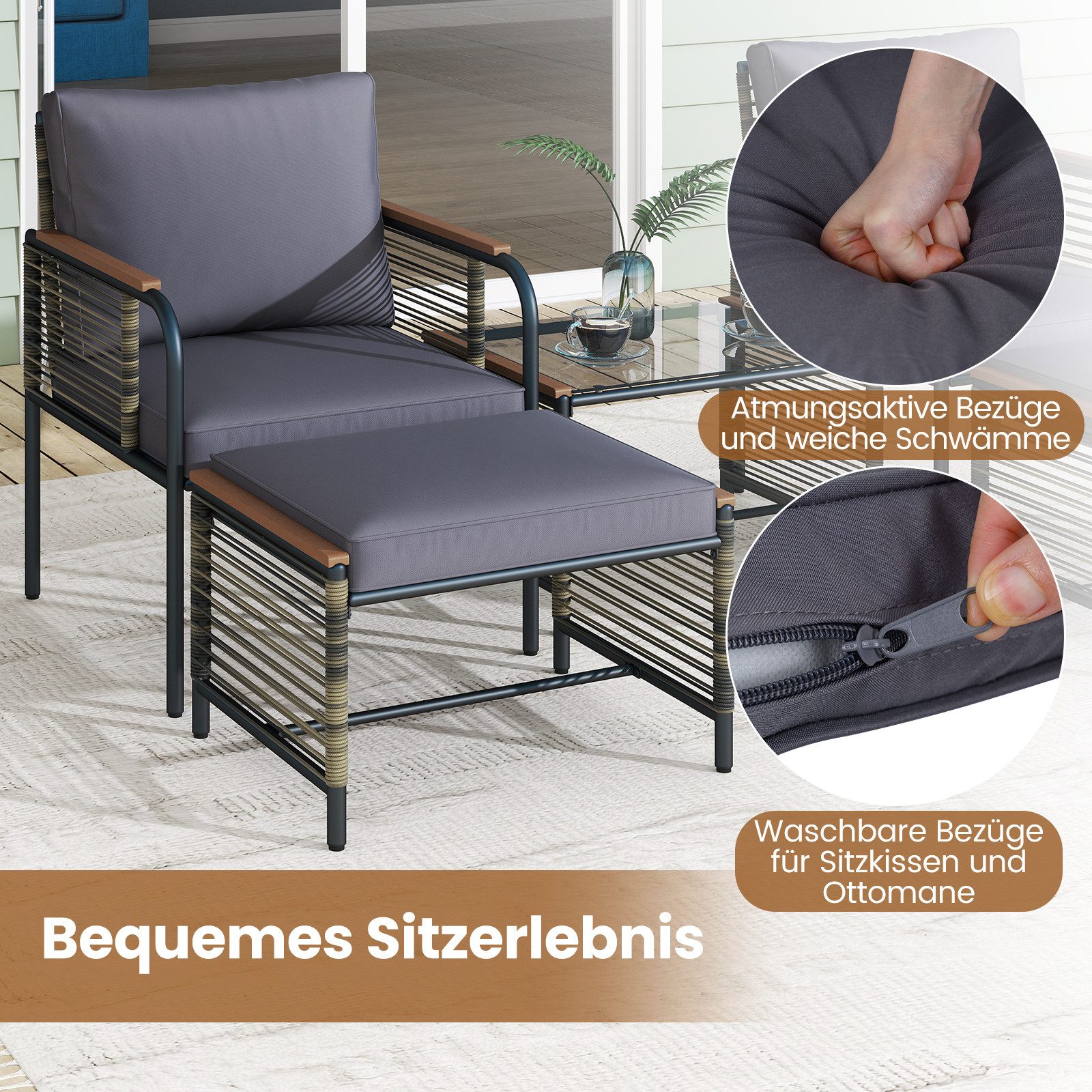COSTWAY Gartenlounge-Set, (5-tlg), Gartenmöbel mit 2 Sessel, Ottomane, Tisch