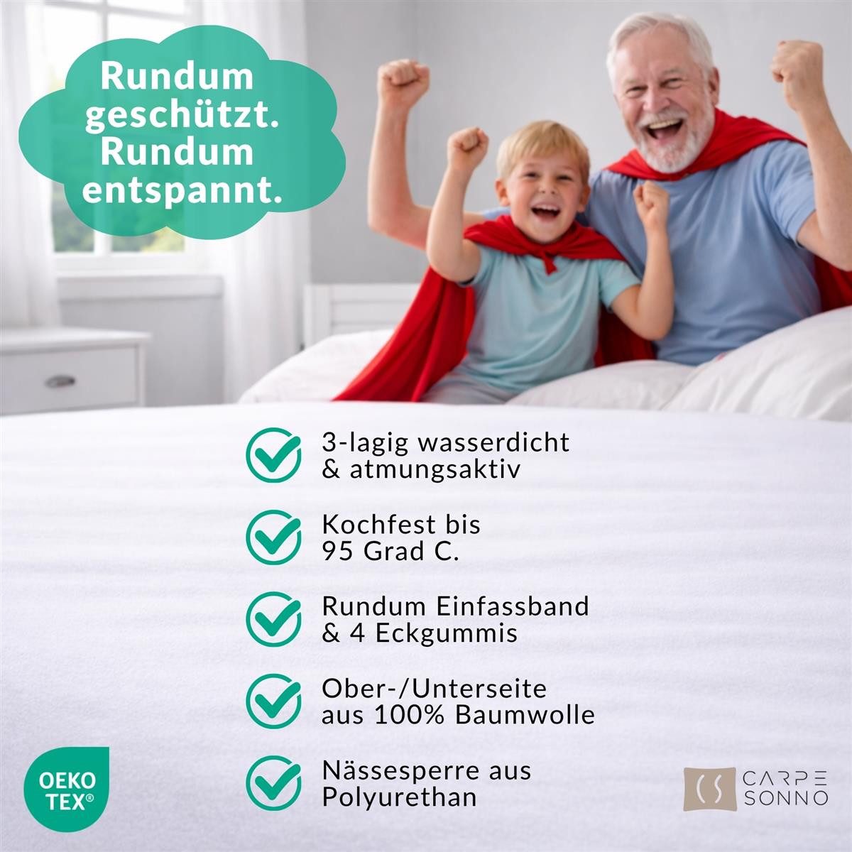 Inkontinenzauflage Matratzenschoner wasserdicht Molton Matratzenschutzbezug Inkontinenz Carpe Sonno, OEKO-TEX Kinder Baby Matratzenschutz kochfest - 70 x 140 cm